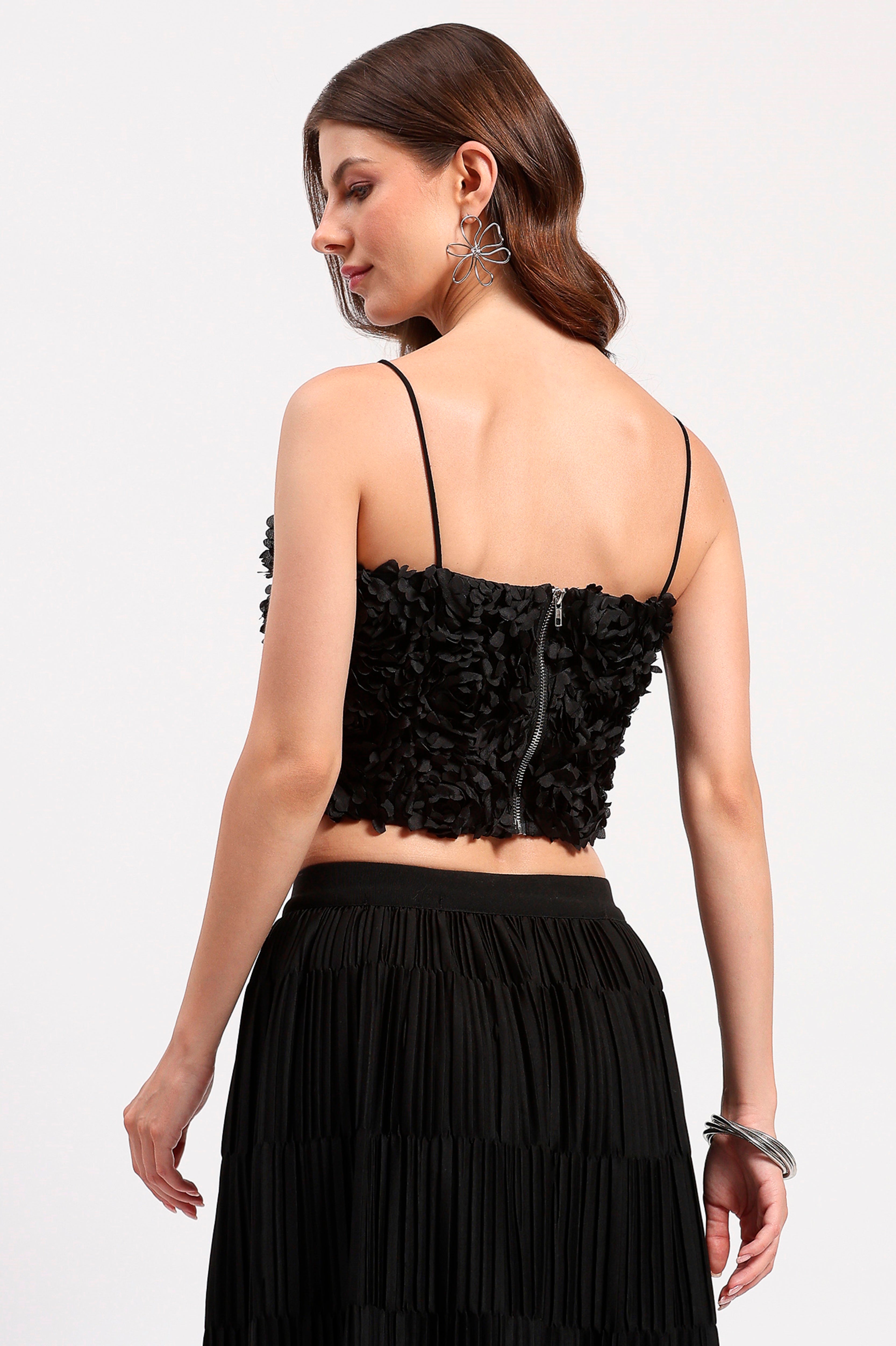Black 3D Rose Embellished Party Top