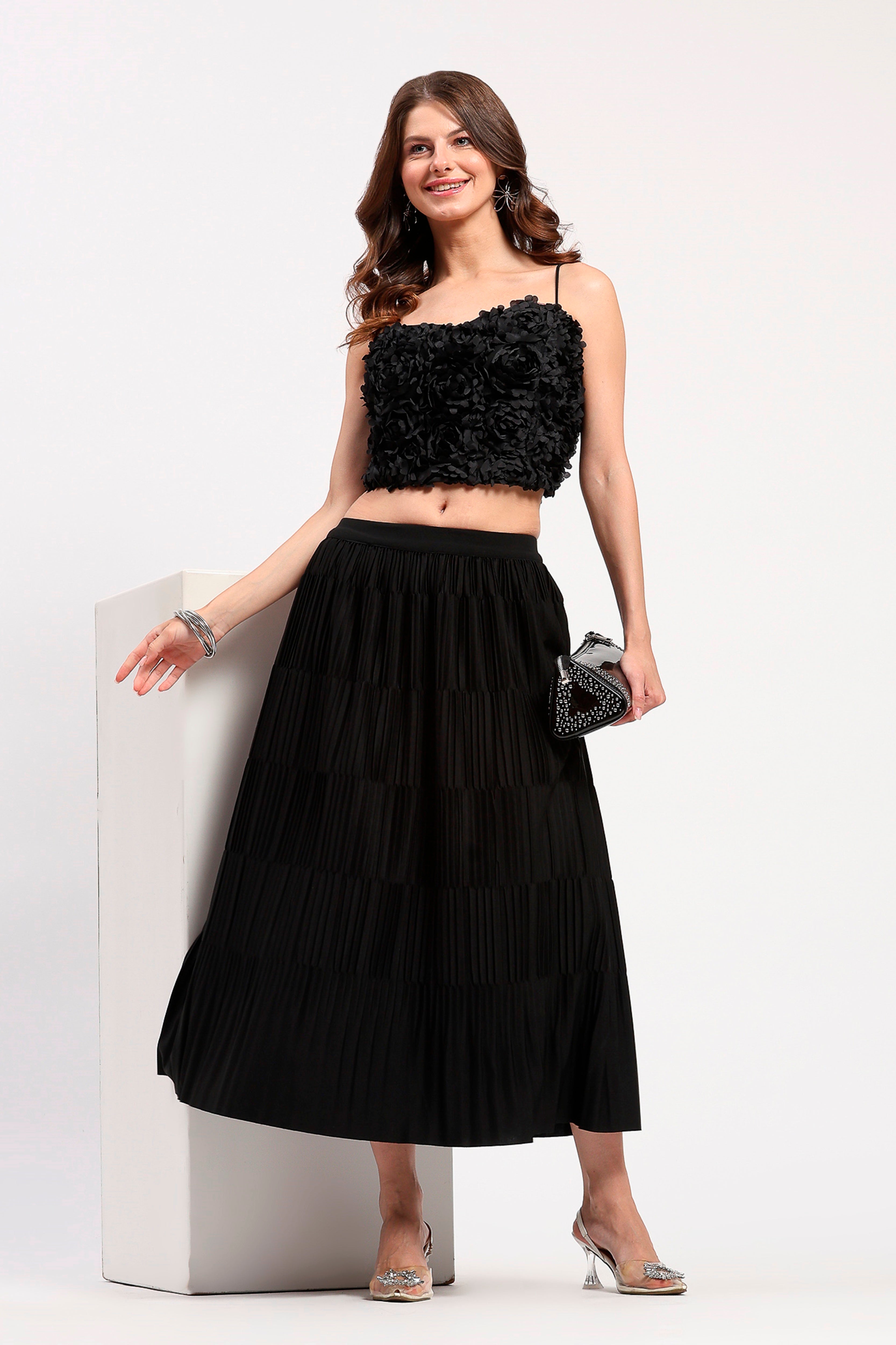 Black 3D Rose Embellished Party Top