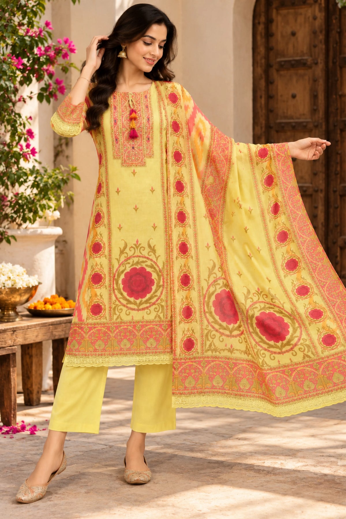 Beige Printed & Embellished Suit Set-Global Republic