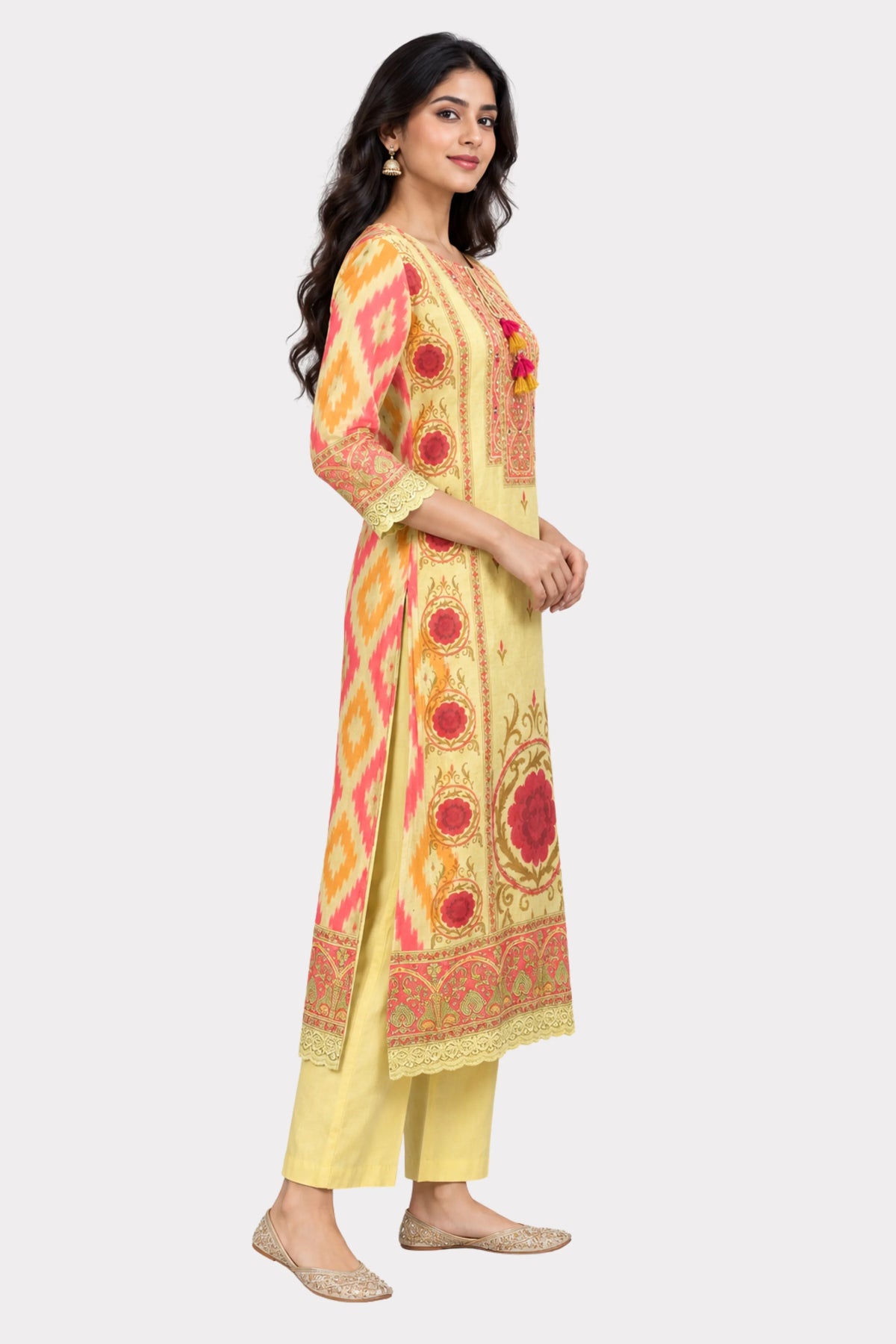 Beige Printed & Embellished Suit Set-Global Republic