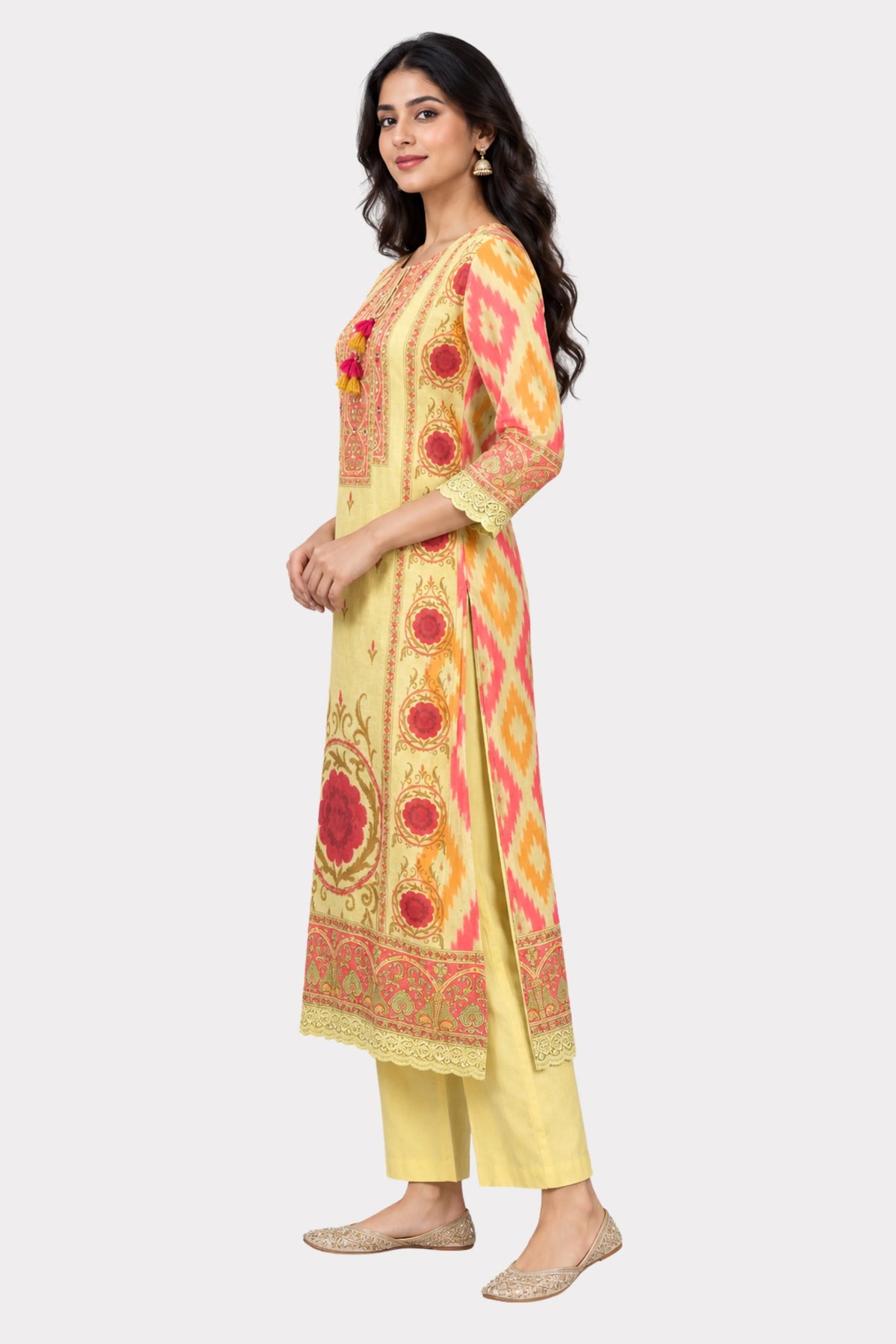 Beige Printed & Embellished Suit Set-Global Republic