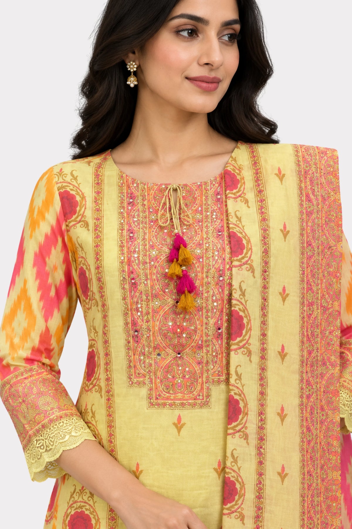 Beige Printed & Embellished Suit Set-Global Republic