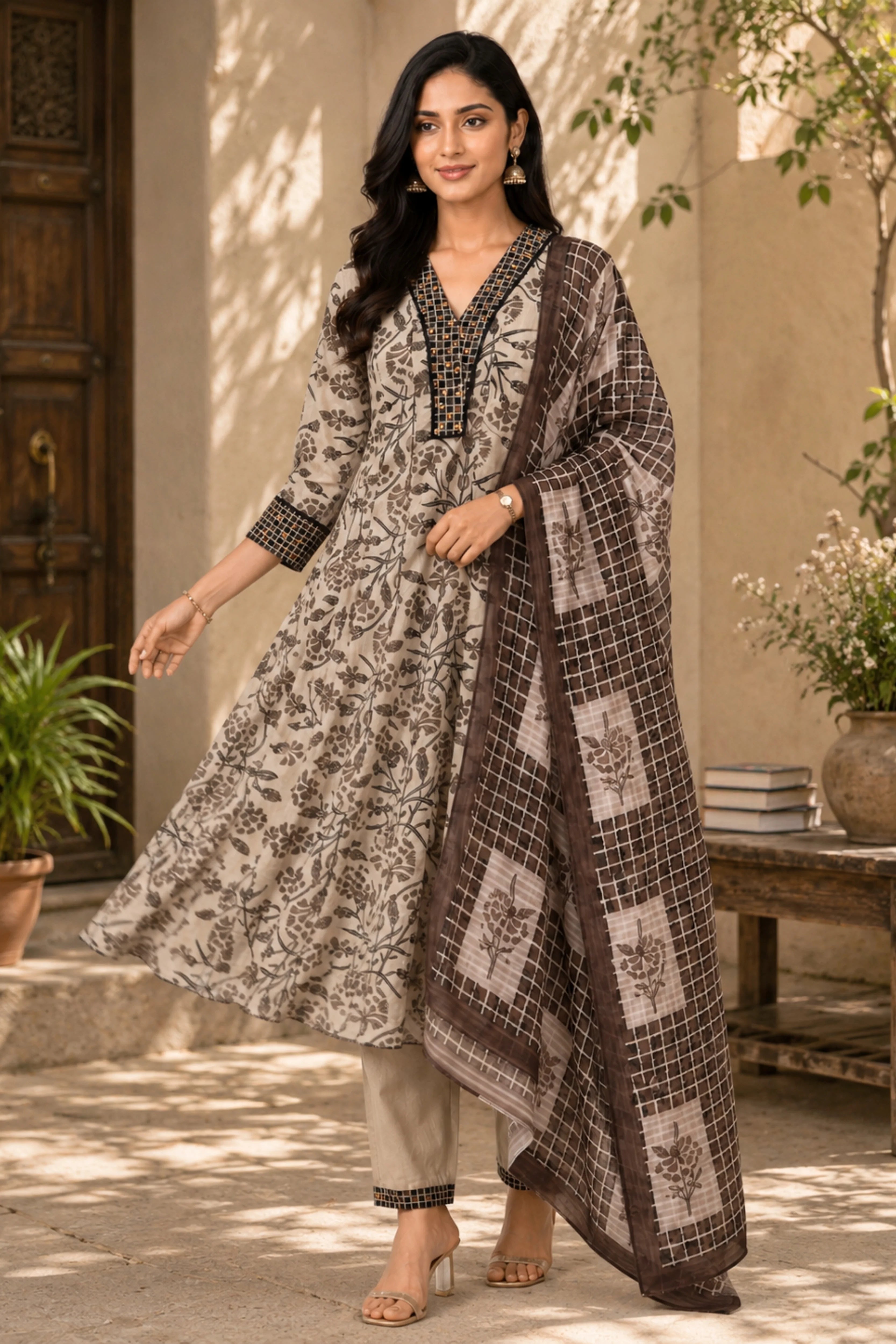 Floral Print Anarkali Cotton Suit Set-Global Republic