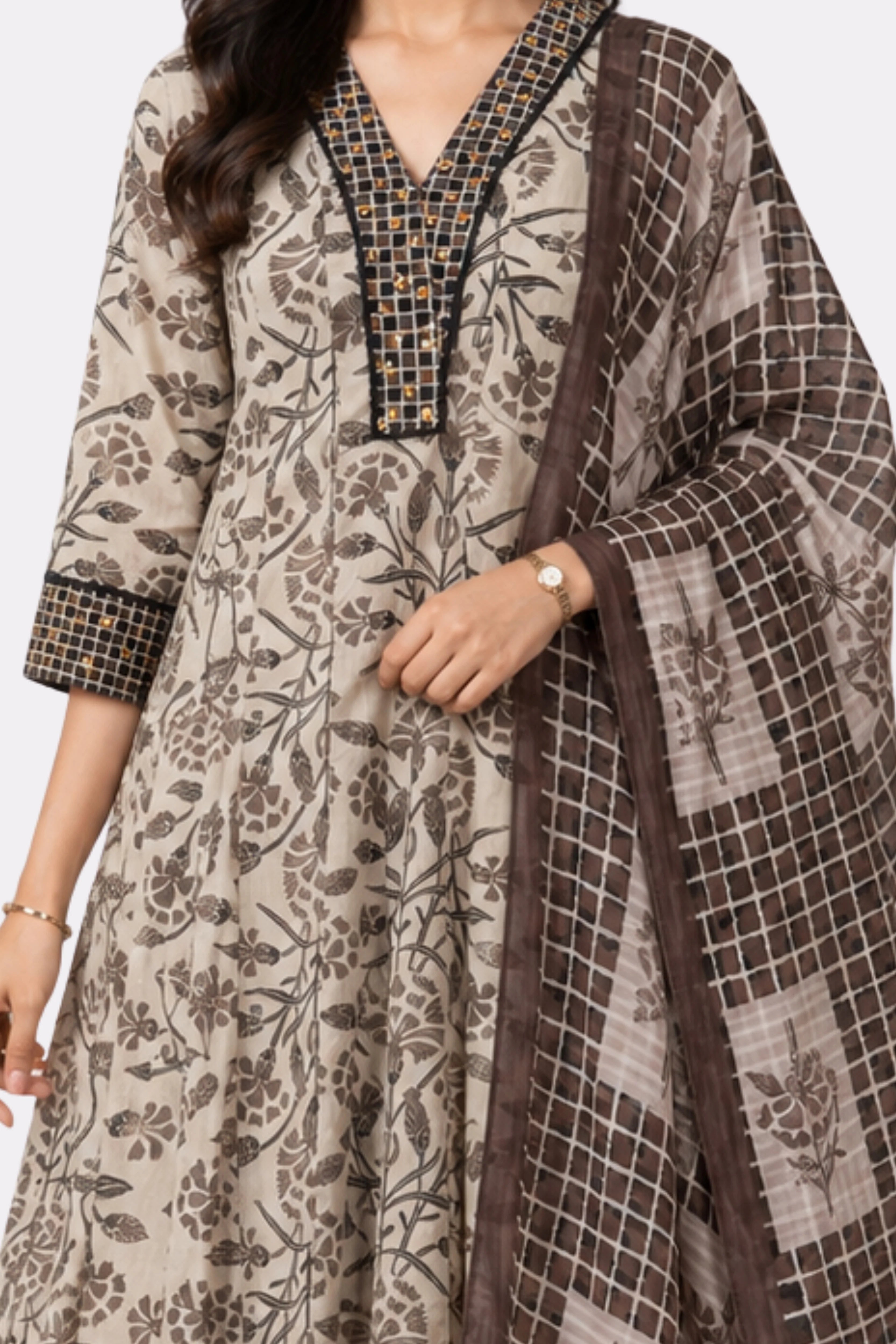 Floral Print Anarkali Cotton Suit Set-Global Republic