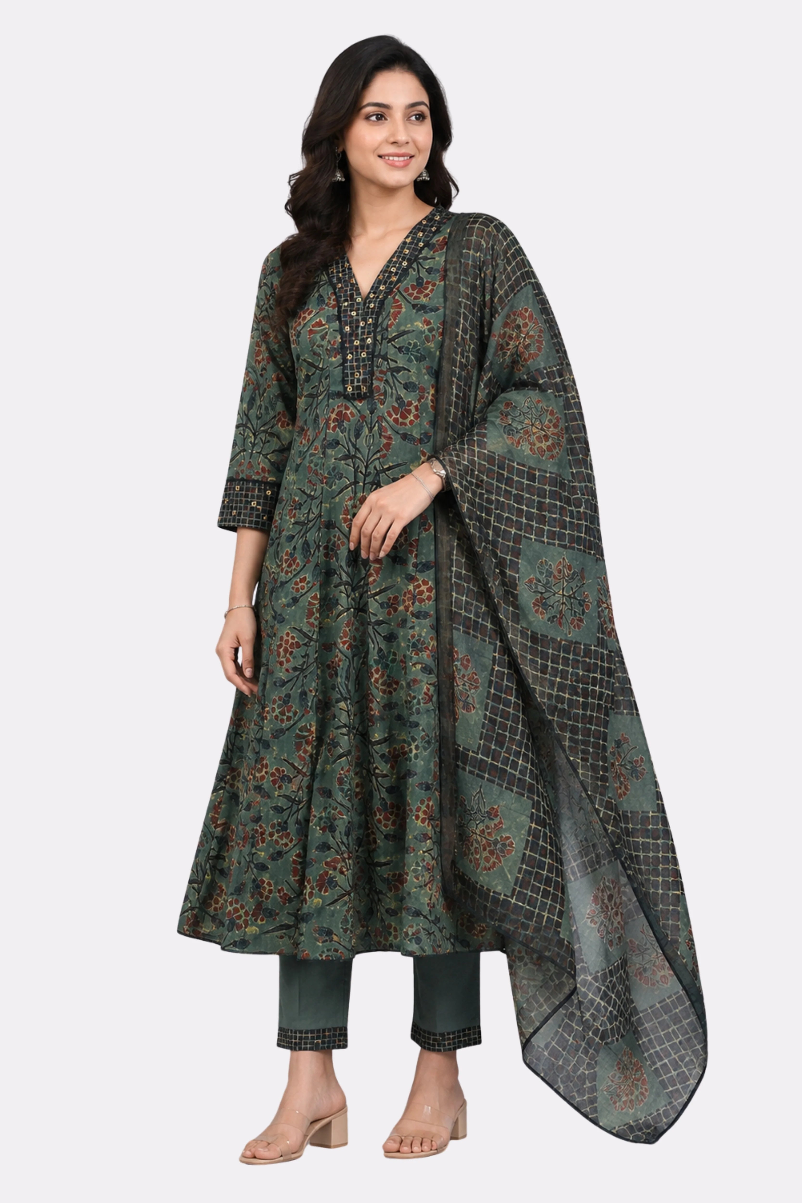 Green Floral Print Cotton Suit Set-Global Republic