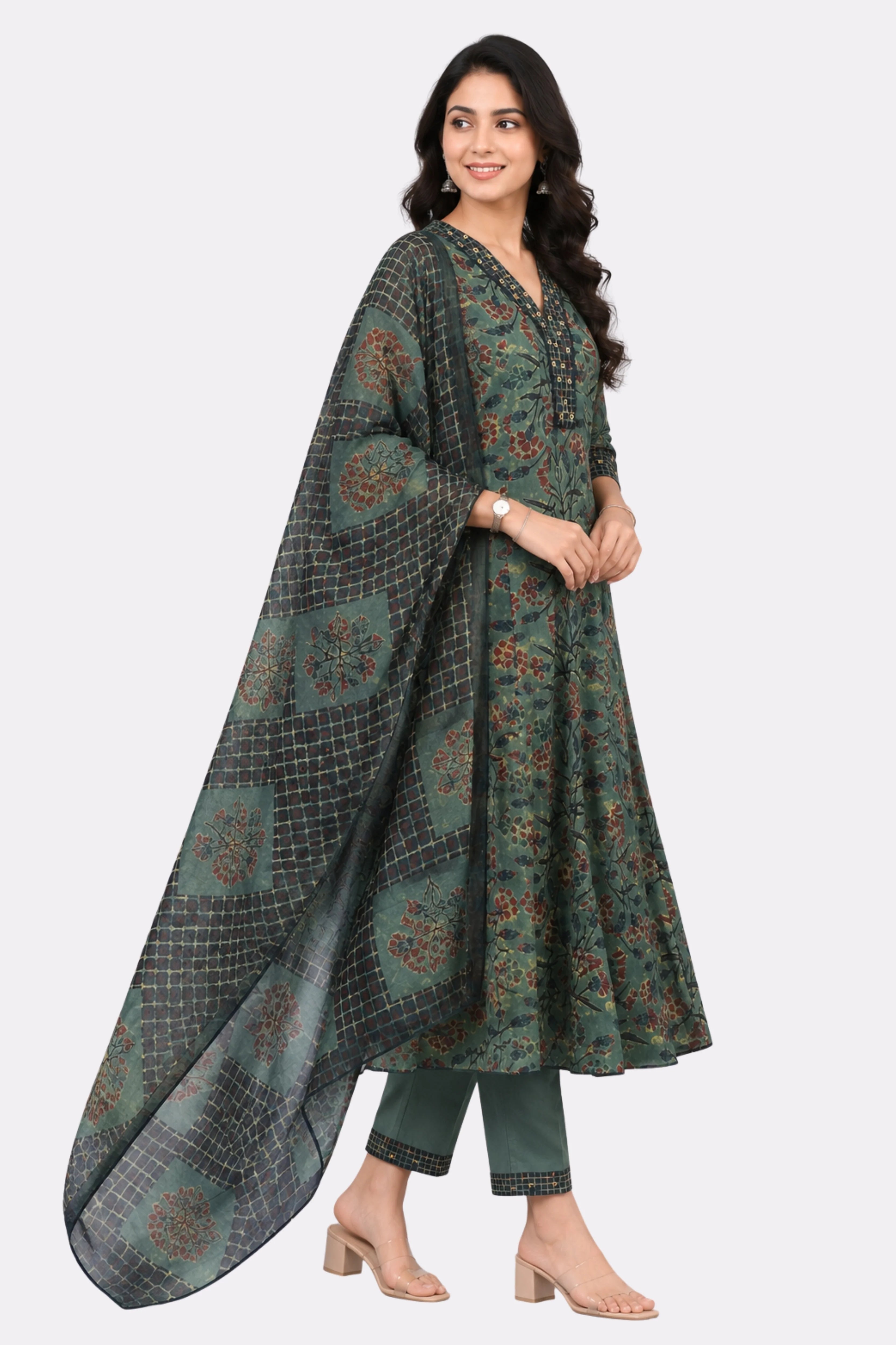 Green Floral Print Cotton Suit Set-Global Republic
