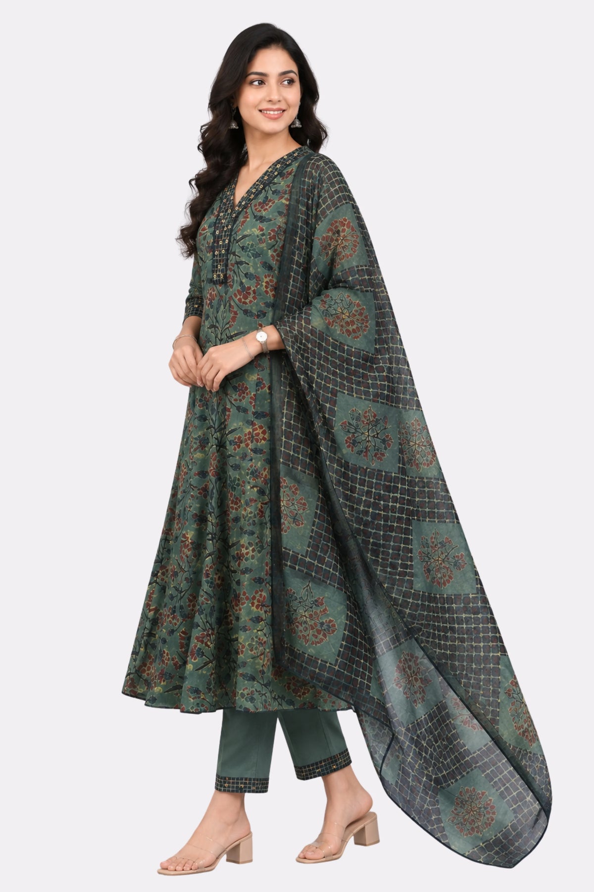 Green Floral Print Cotton Suit Set-Global Republic