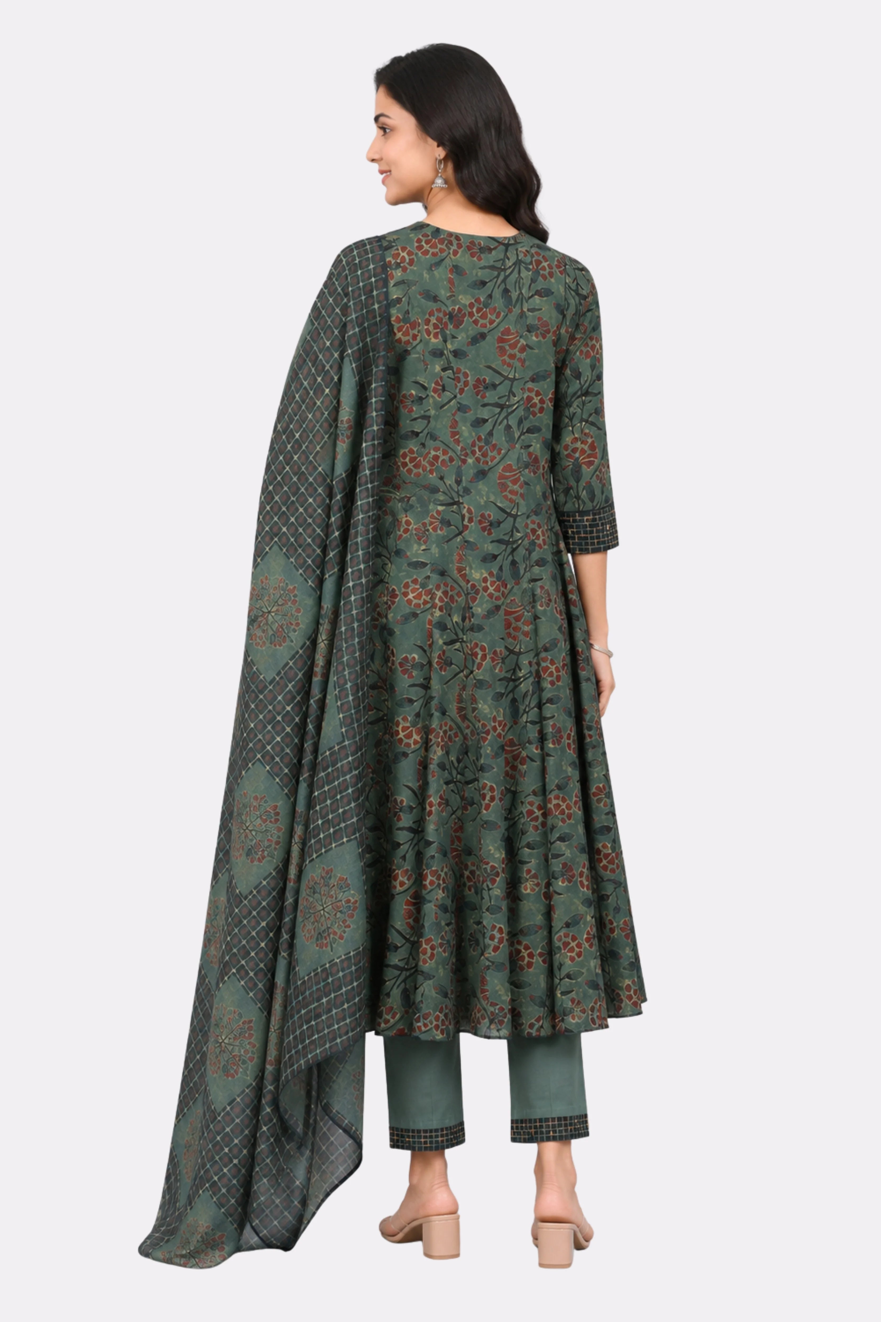 Green Floral Print Cotton Suit Set-Global Republic
