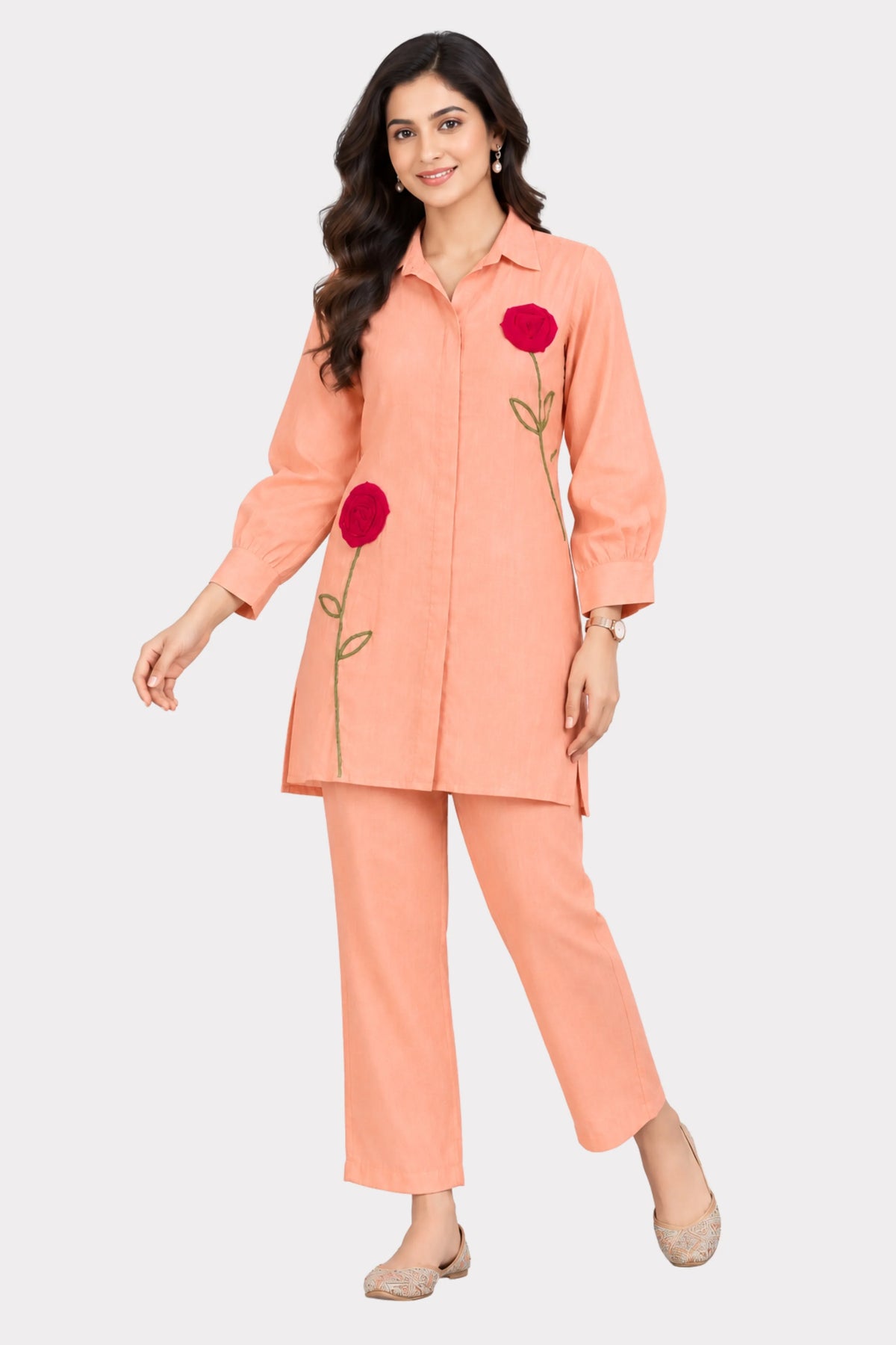 Peach 3D Floral Embellished Co-ord Set-Global Republic