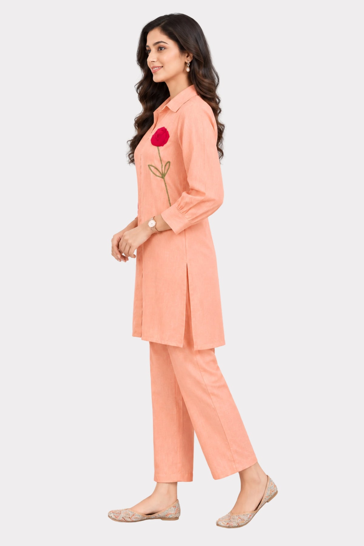 Peach 3D Floral Embellished Co-ord Set-Global Republic