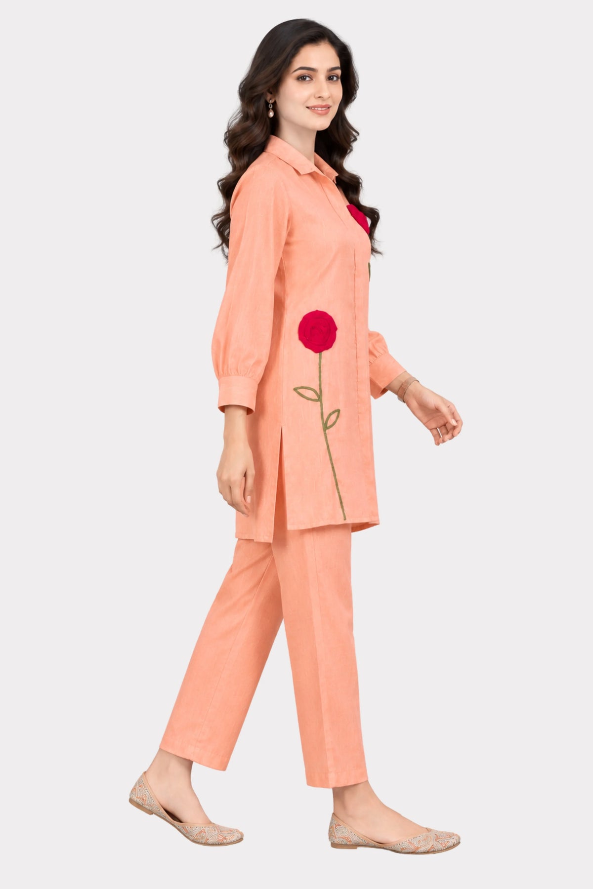 Peach 3D Floral Embellished Co-ord Set-Global Republic