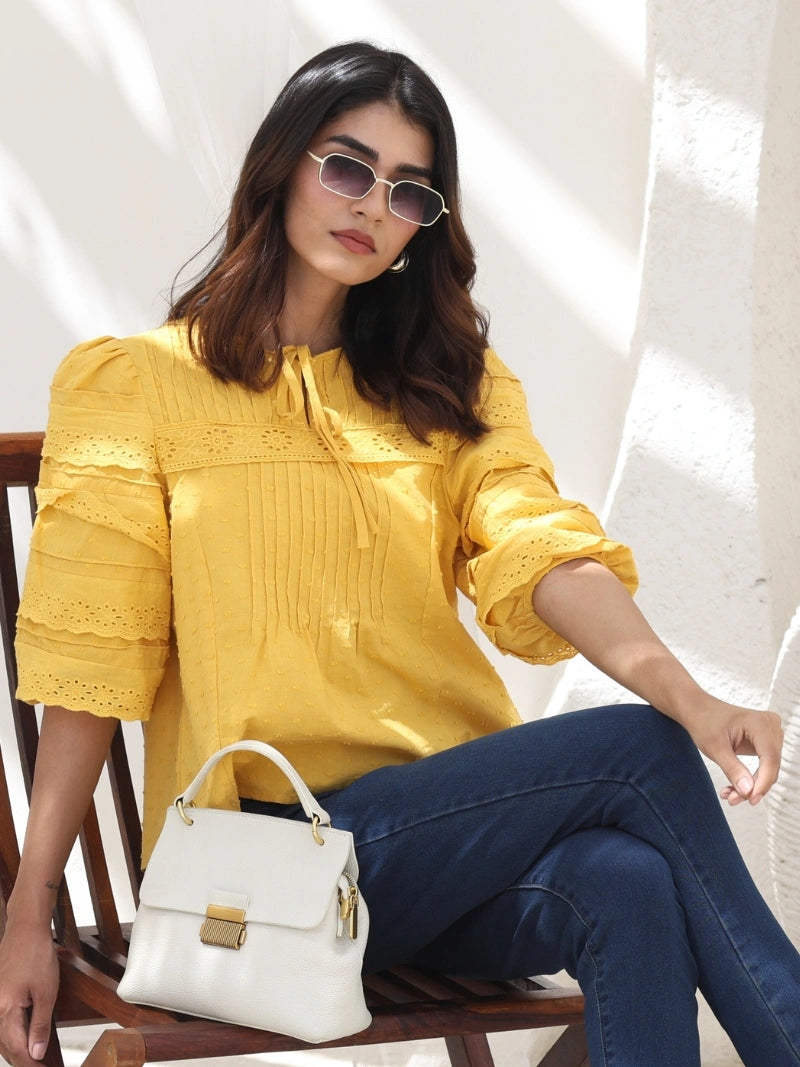 Mustard Dobby  Cotton Regular Fit Blouse - Global Republic