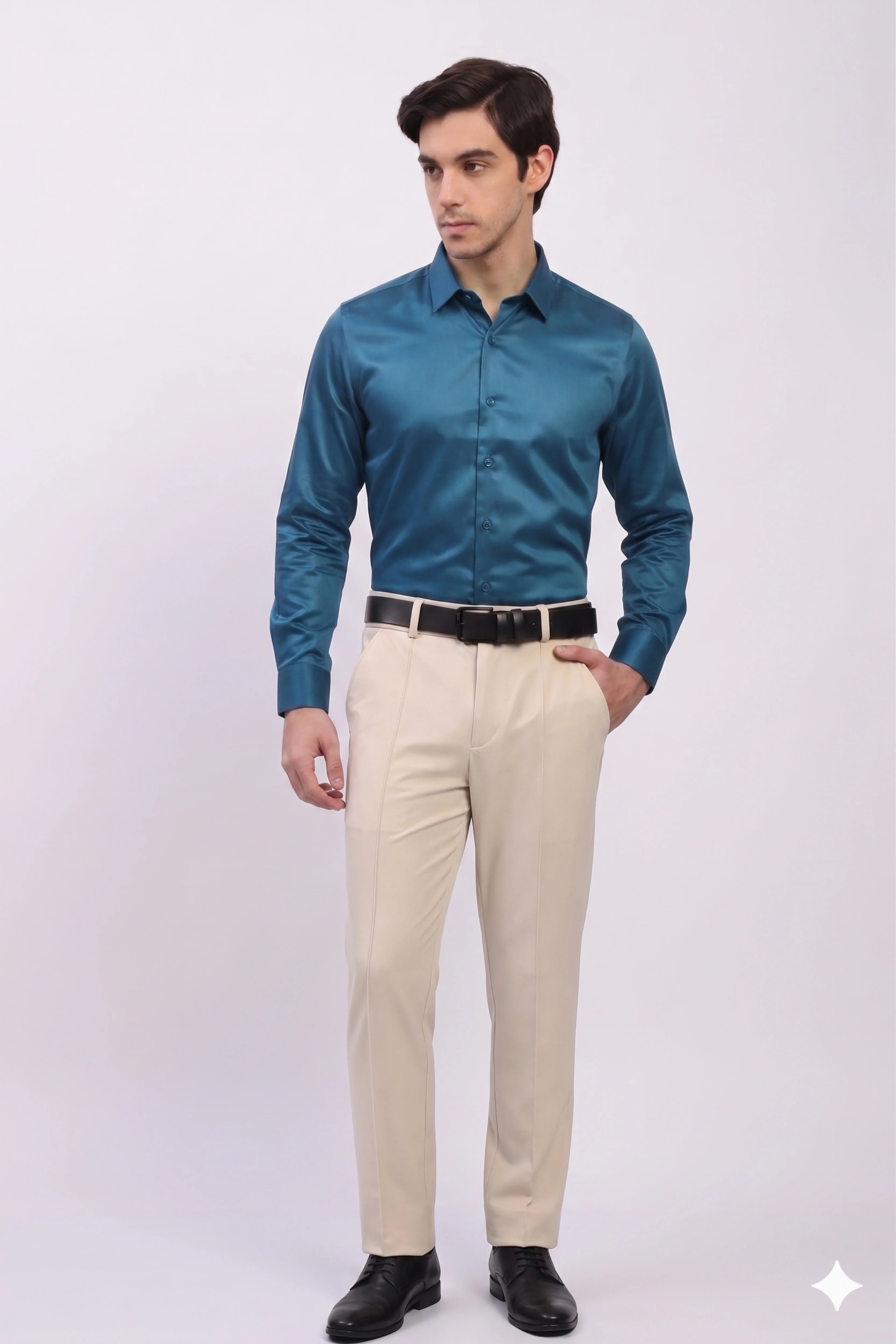Teal Blue Cotton Blend Casual Shirt-Global Republic