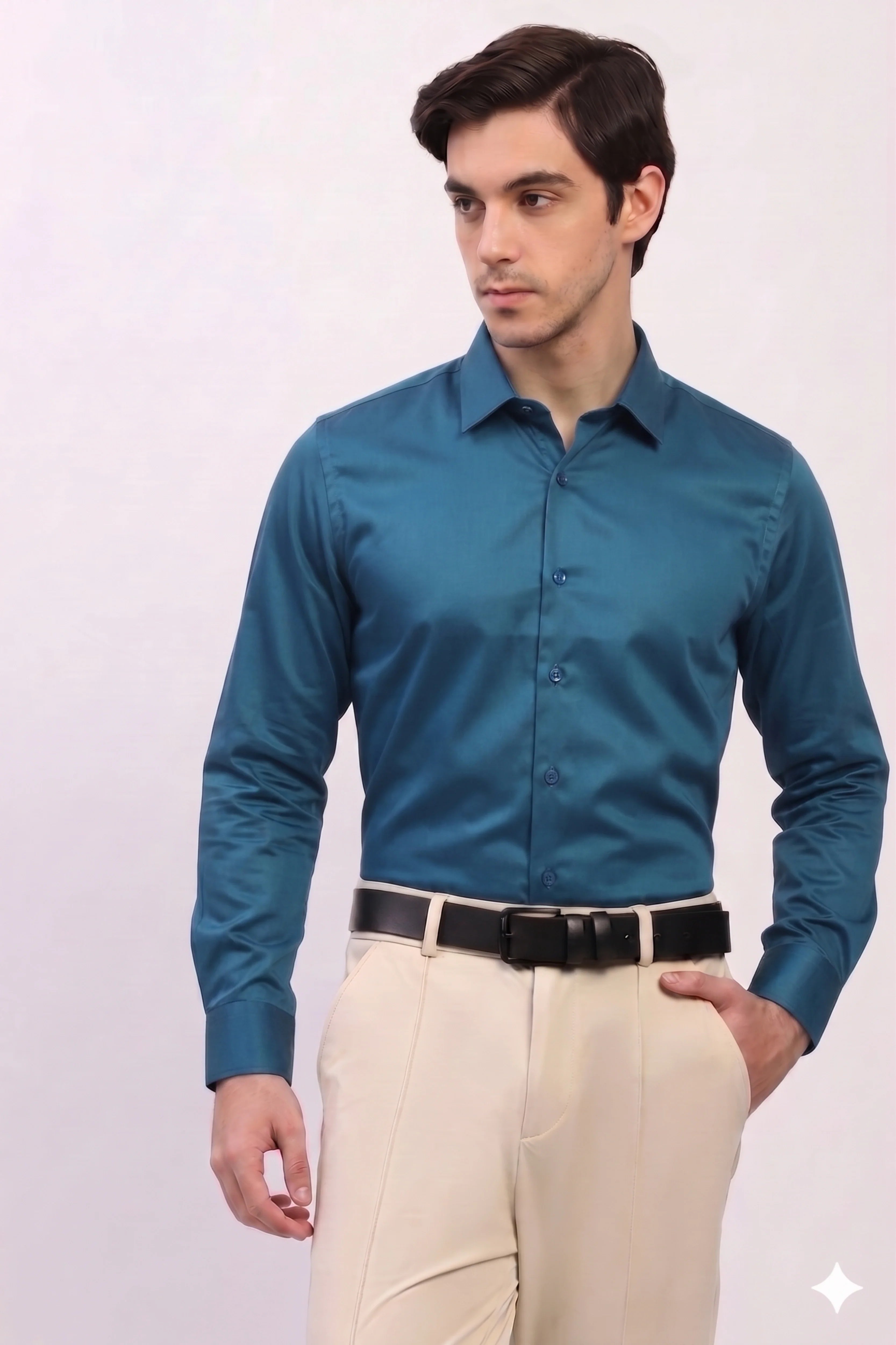 Teal Blue Cotton Blend Casual Shirt-Global Republic