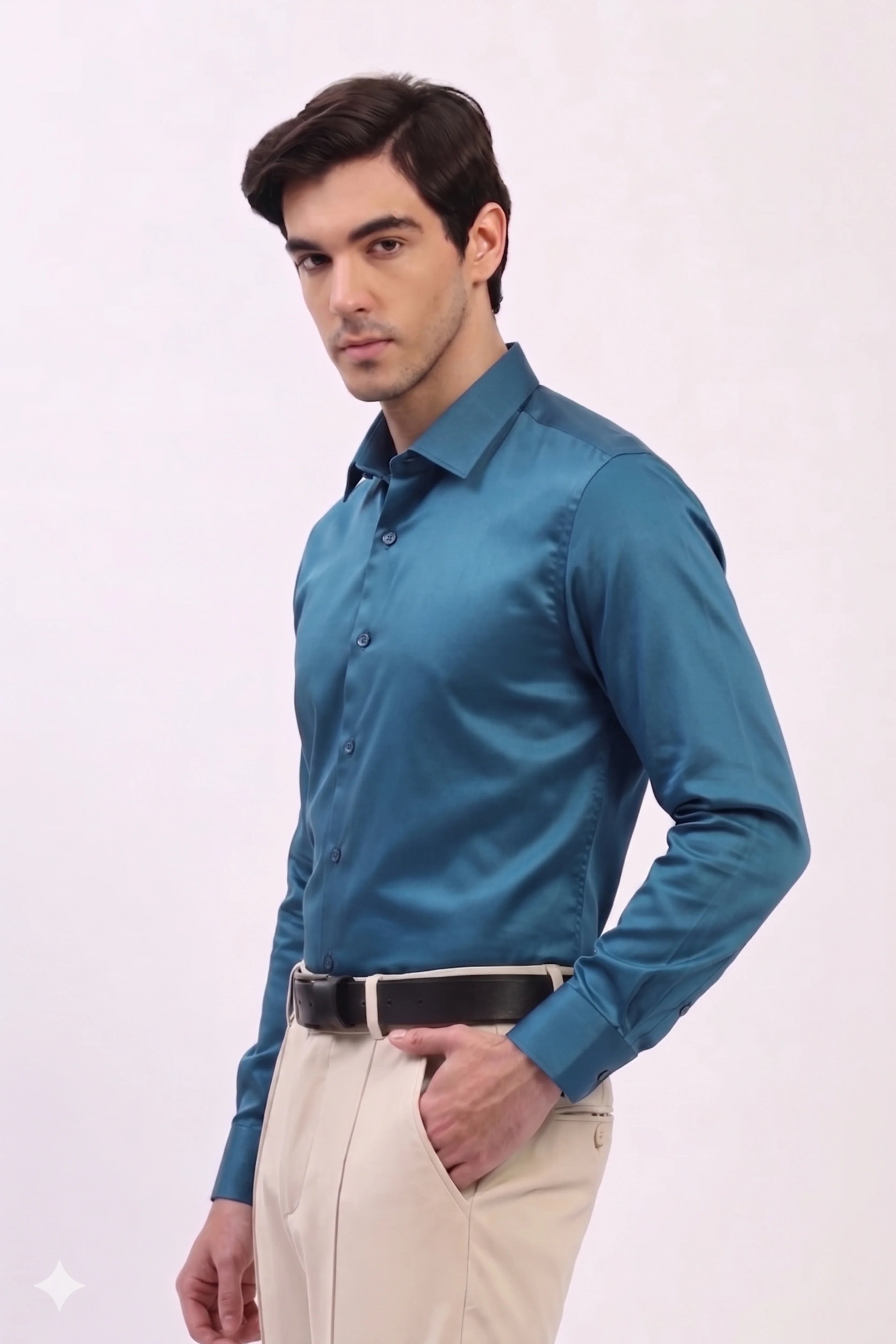 Teal Blue Cotton Blend Casual Shirt-Global Republic