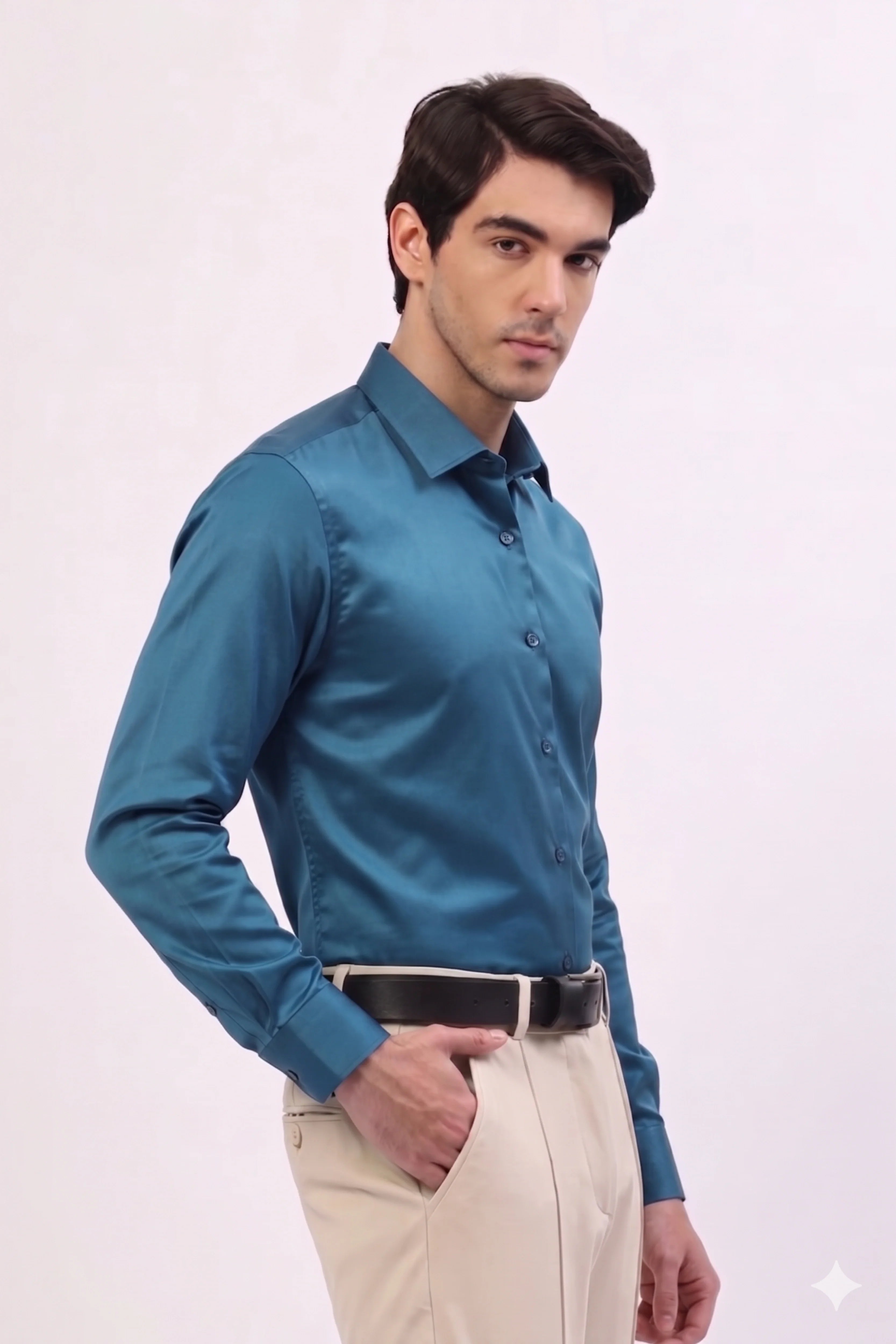 Teal Blue Cotton Blend Casual Shirt-Global Republic