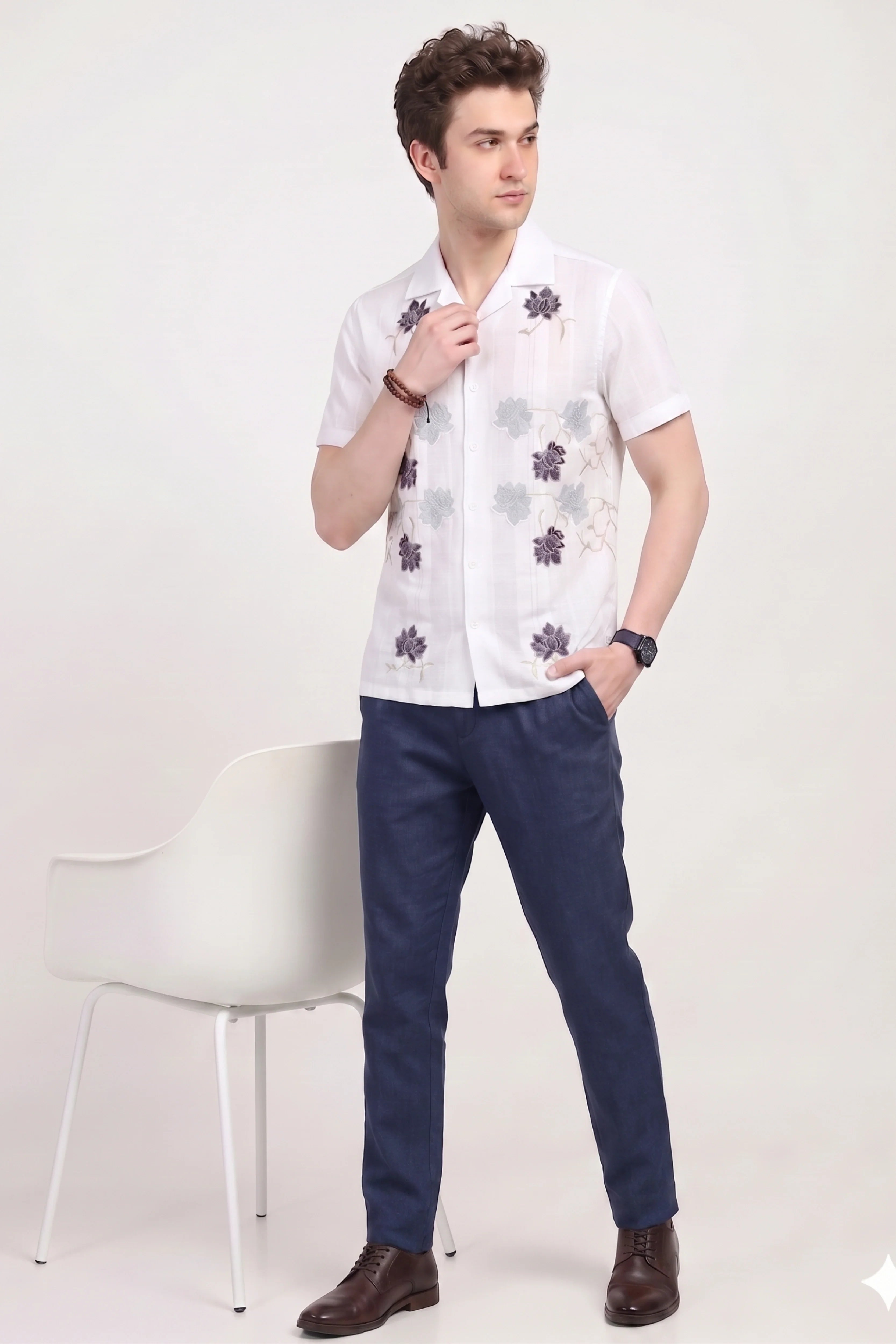 White Embroidered Cotton Shirt-Global Republic