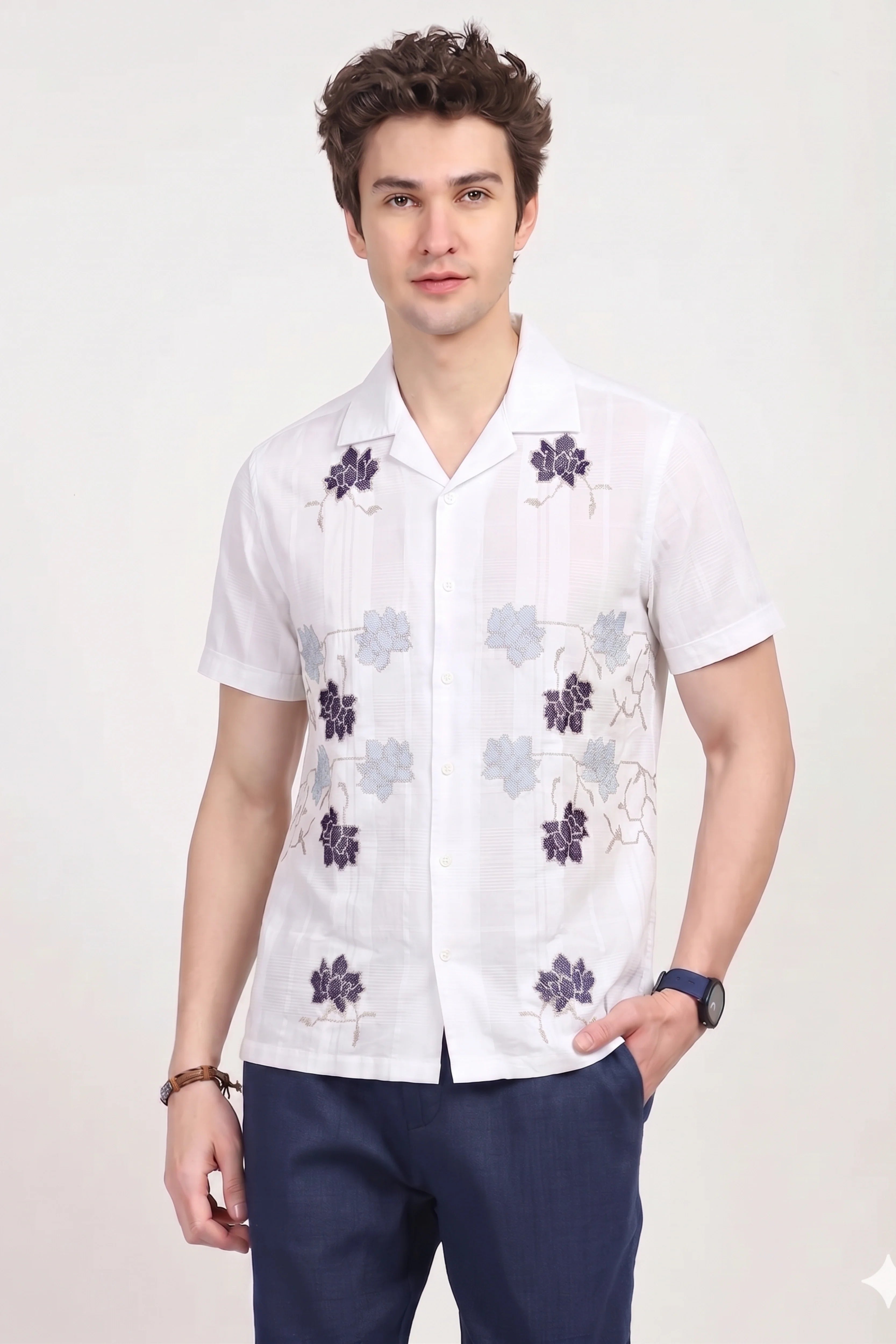 White Embroidered Cotton Shirt-Global Republic