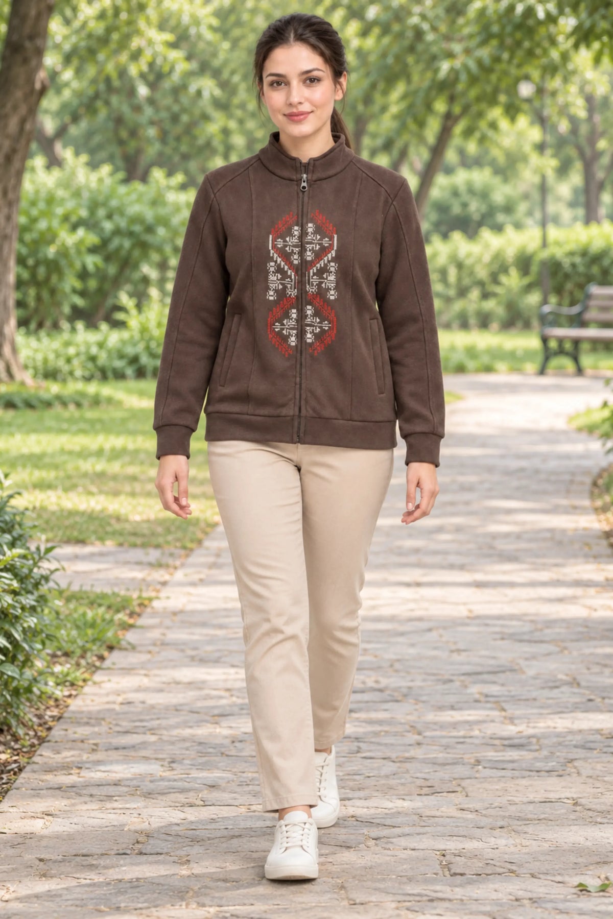 Coffee Brown Embroidered Zip Sweatshirt-Global Republic