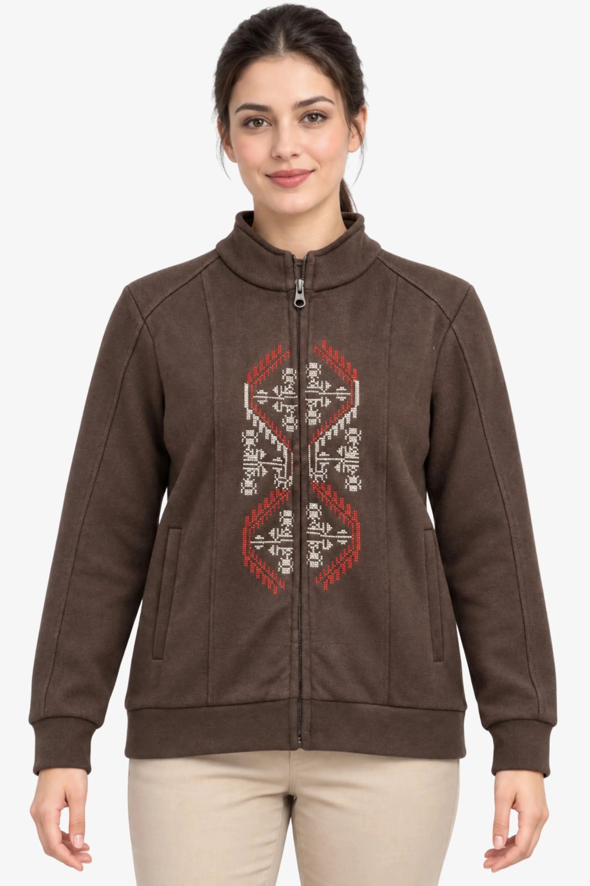 Coffee Brown Embroidered Zip Sweatshirt-Global Republic