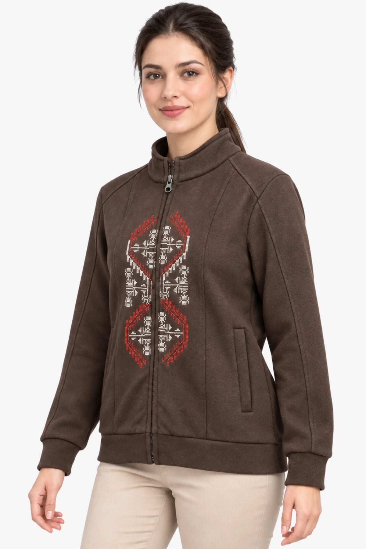 Coffee Brown Embroidered Zip Sweatshirt-Global Republic