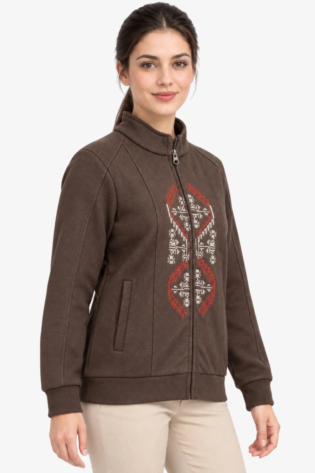 Coffee Brown Embroidered Zip Sweatshirt-Global Republic