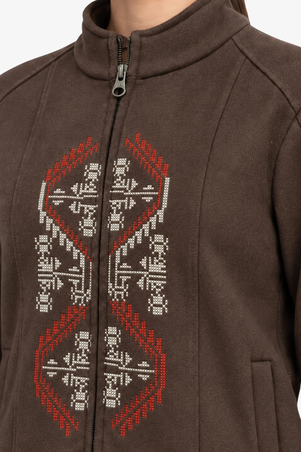 Coffee Brown Embroidered Zip Sweatshirt-Global Republic