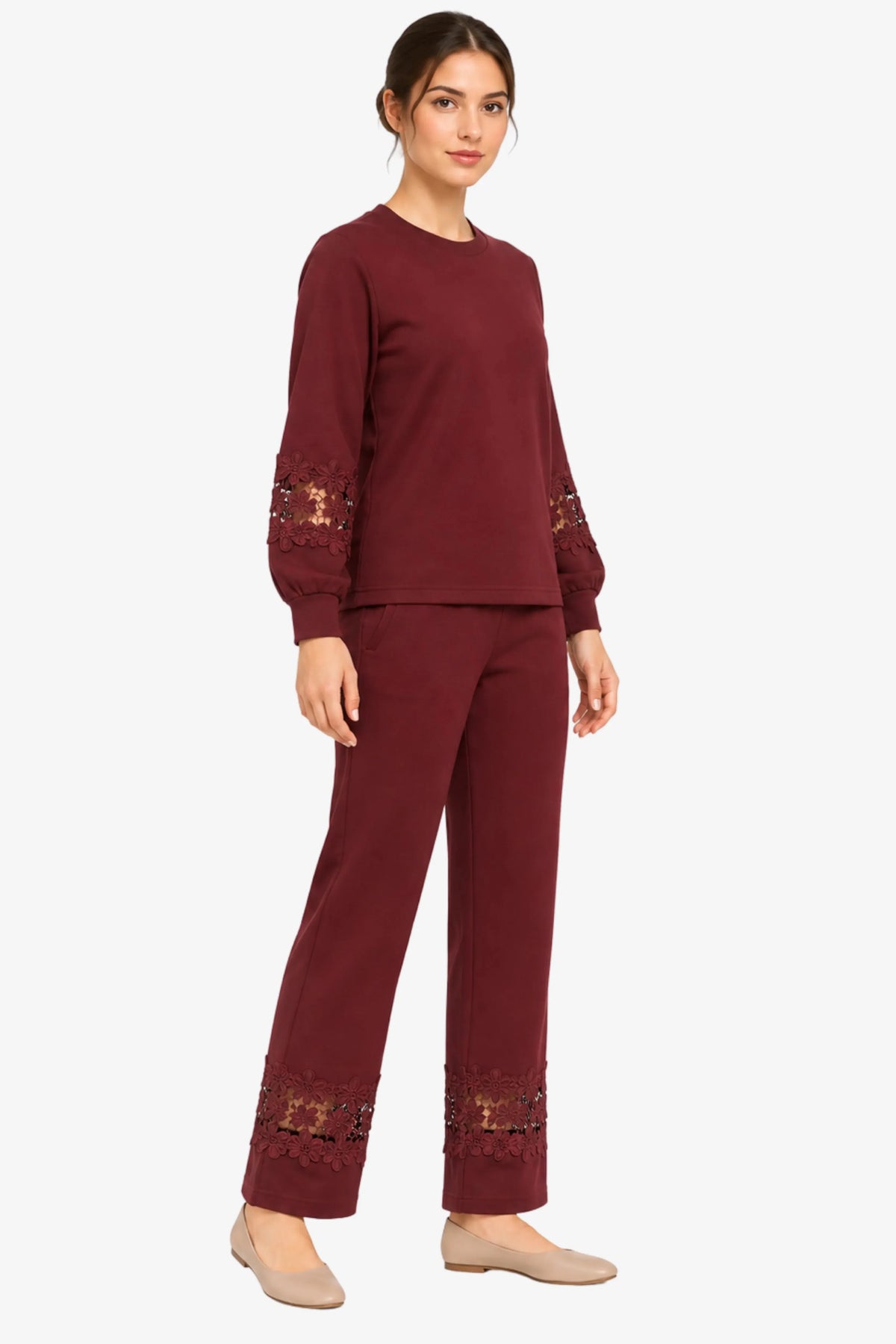 Maroon Floral Lace Co-ord Set-Global Republic