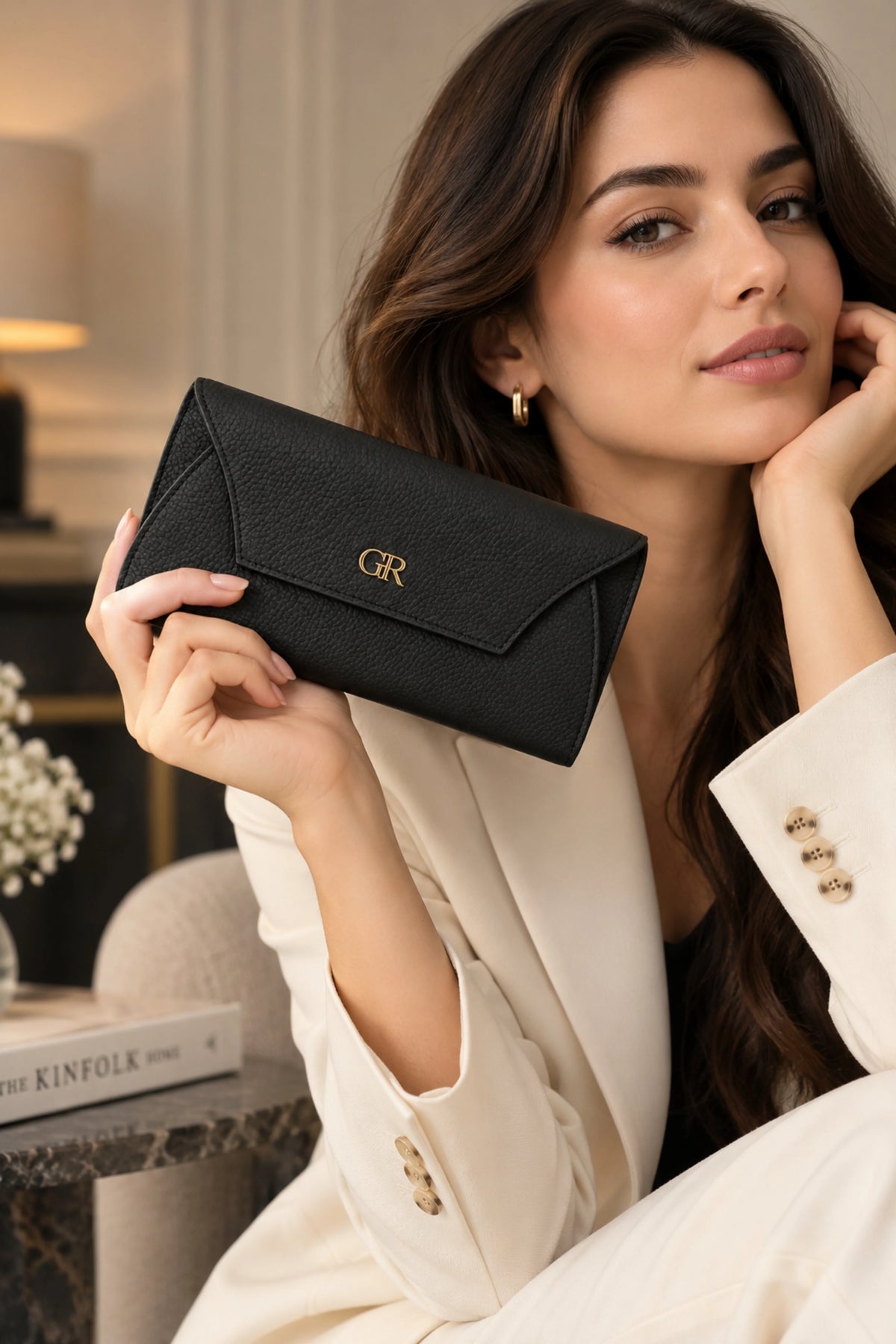 Women’s Black Textured Clutch with Flap Closure-Global Republic
