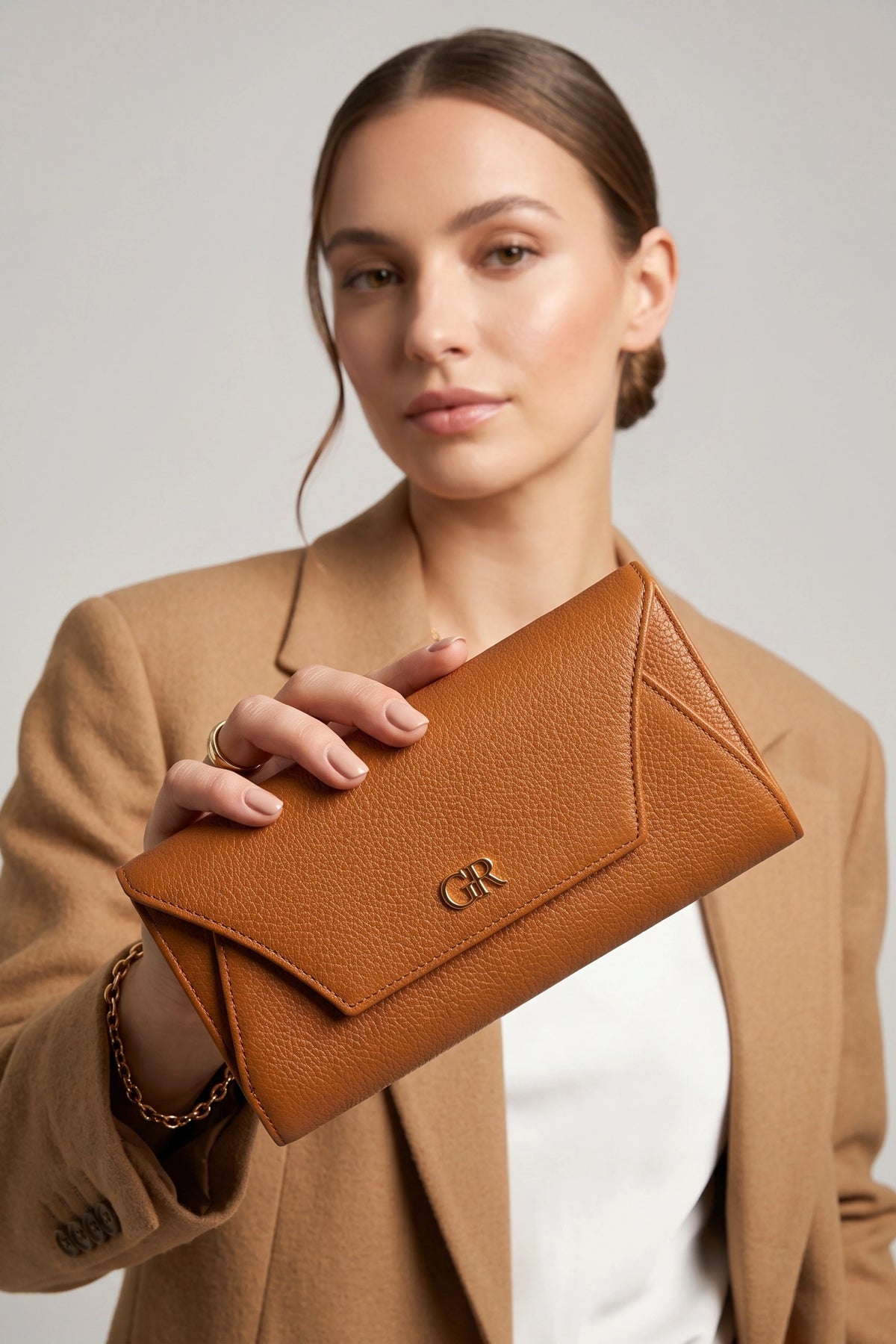 Tan Brown Textured Clutch with Flap Closure-Global Republic