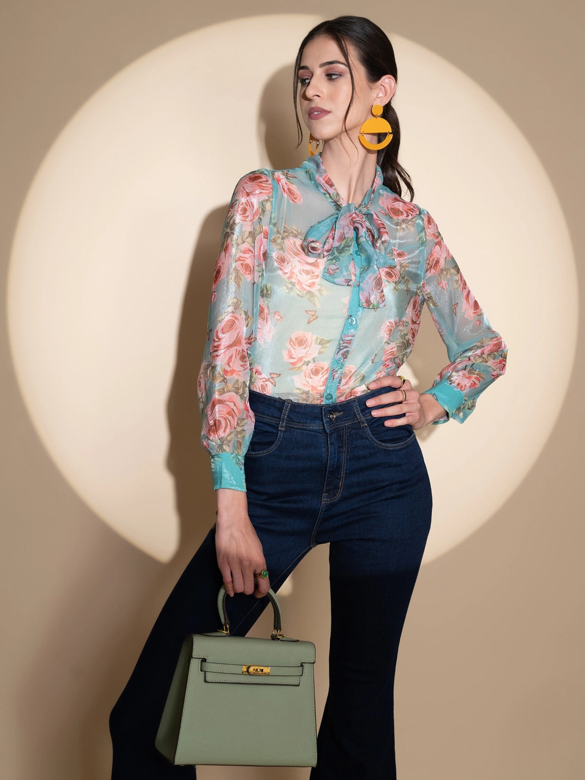 Blue Jabot Collar Floral Shirt