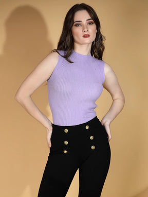 Women Lilac Round Neck Solid Skivvy