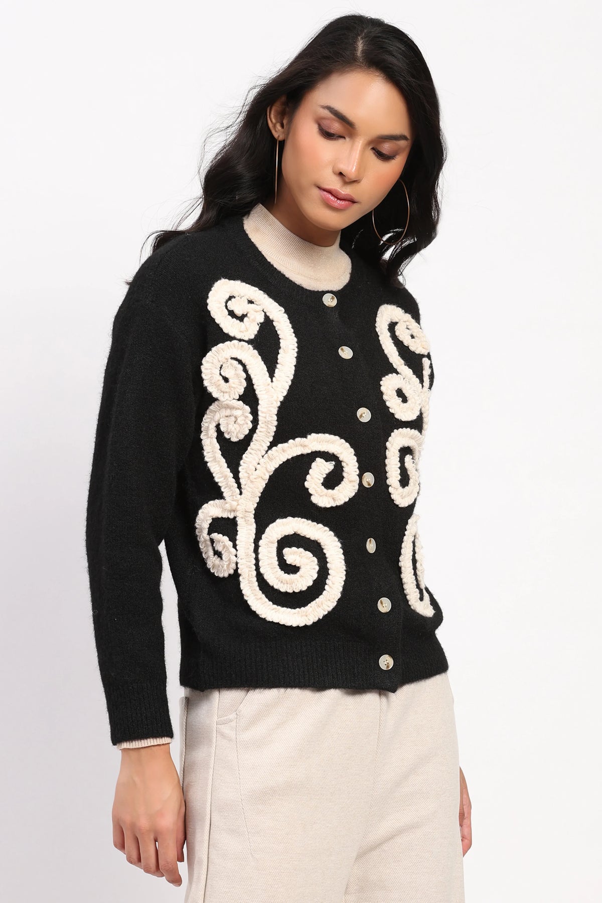 Black Floral Embroidered Cardigan-Global Republic