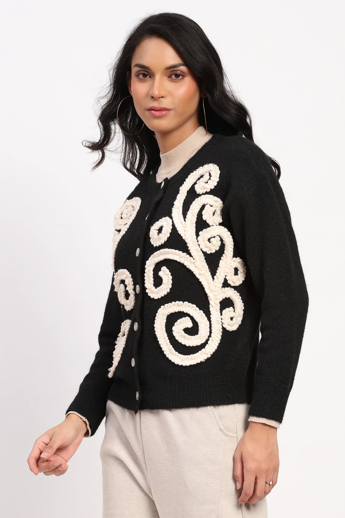Black Floral Embroidered Cardigan-Global Republic