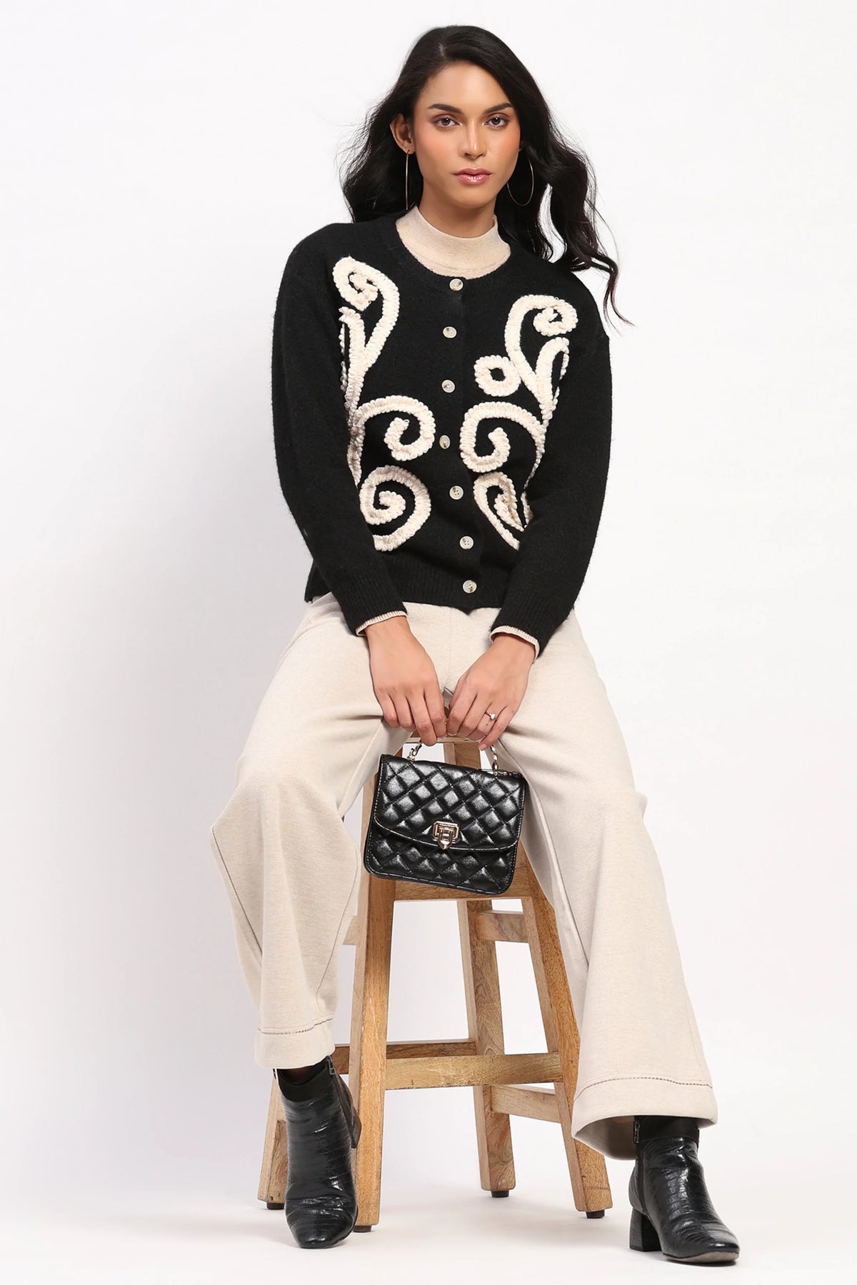 Black Floral Embroidered Cardigan-Global Republic
