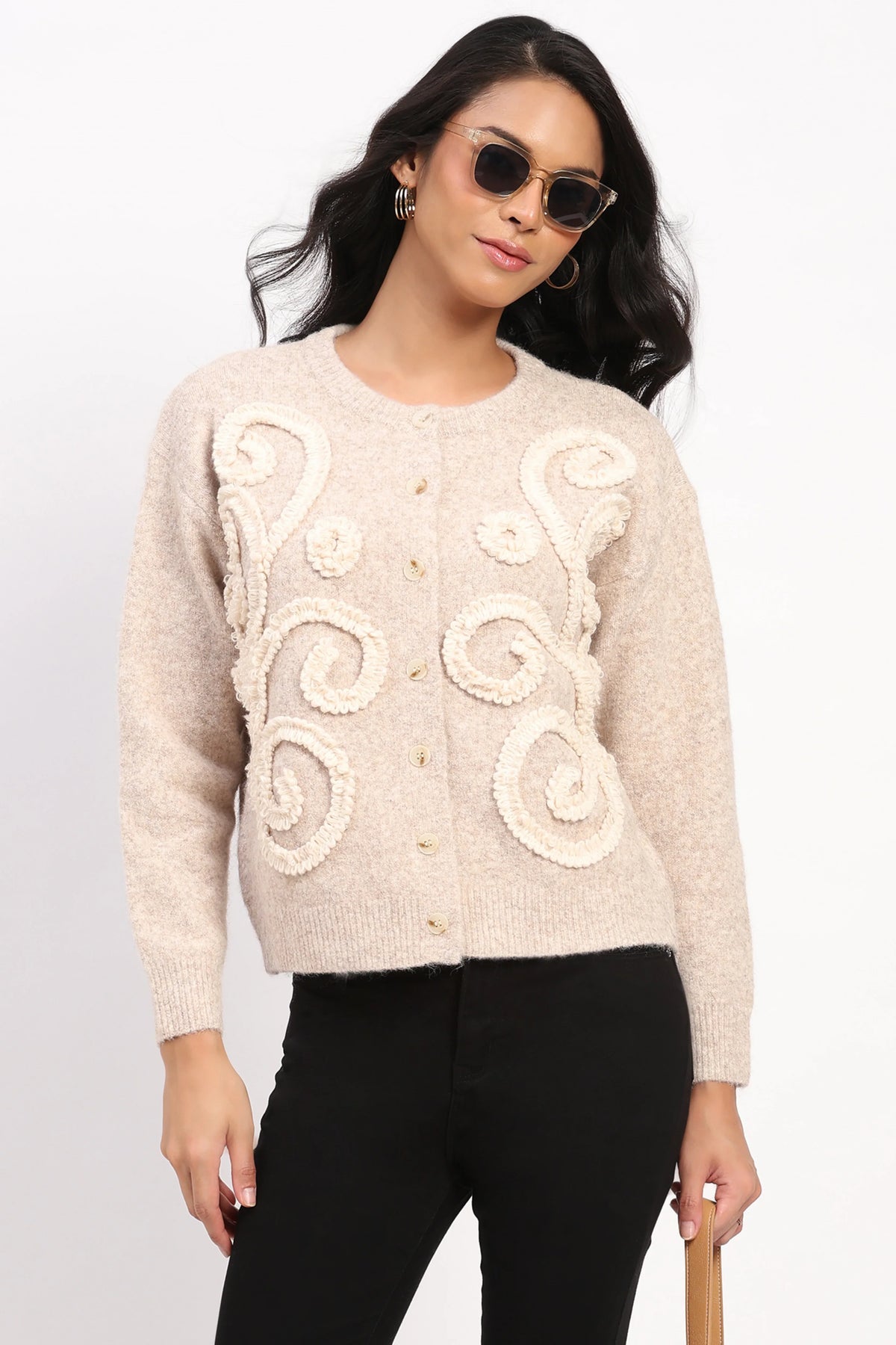 Khaki Floral Embroidered Cardigan-Global Republic