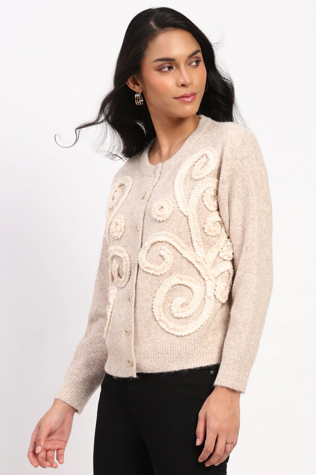 Khaki Floral Embroidered Cardigan-Global Republic