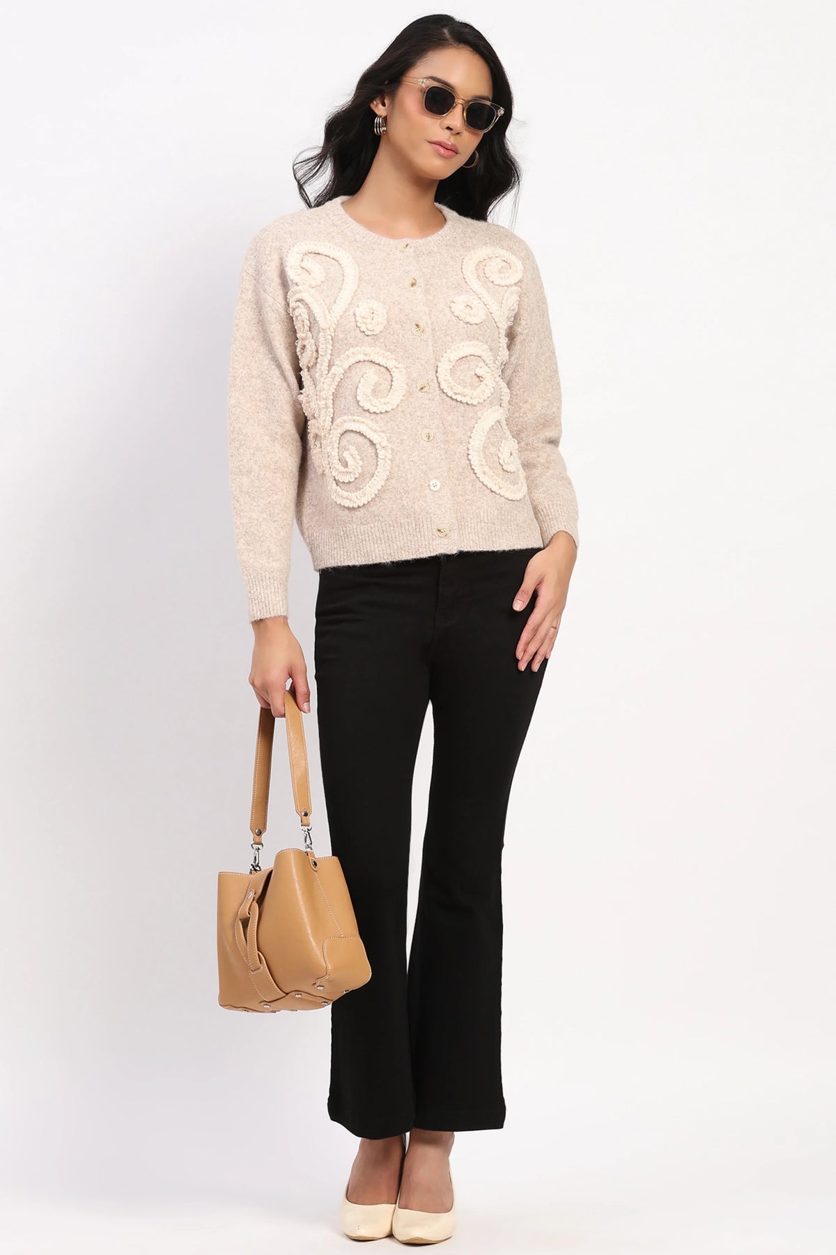Khaki Floral Embroidered Cardigan-Global Republic