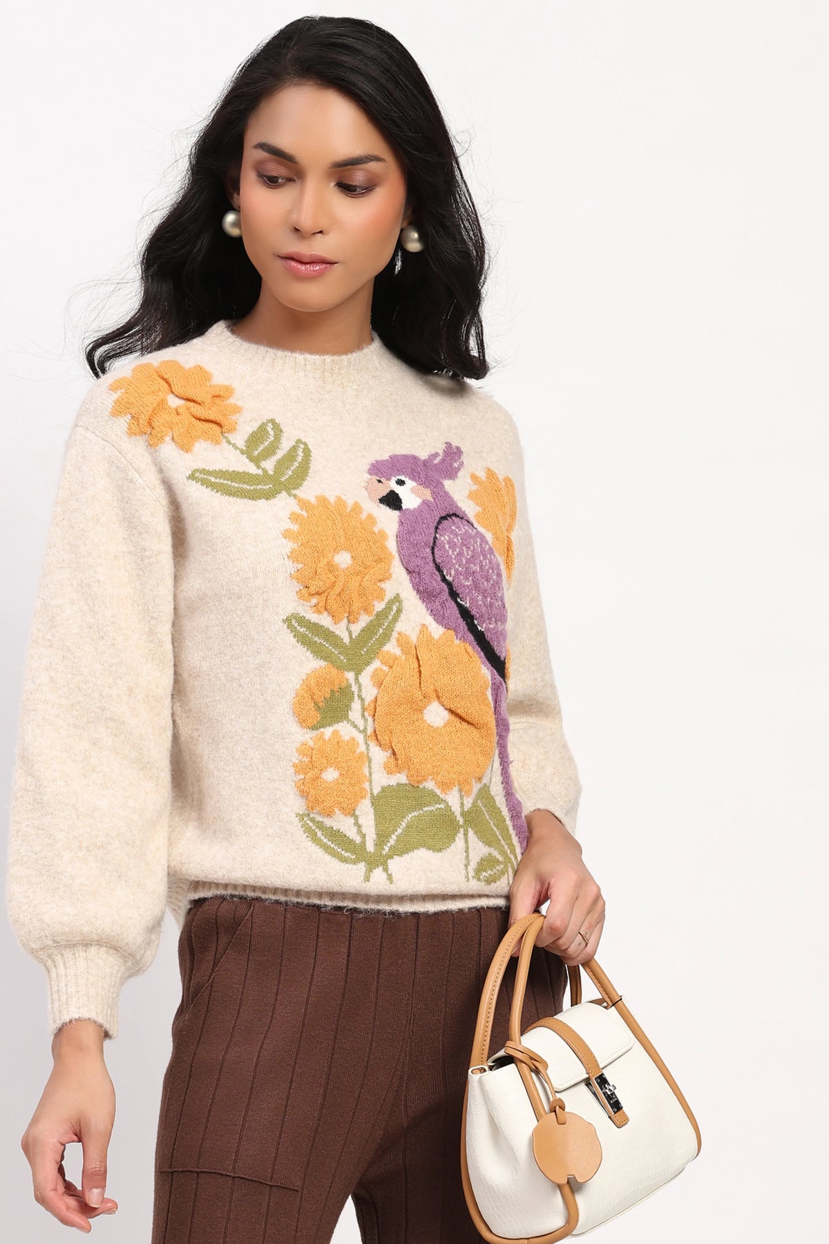 Beige 3D Parrot Floral Pullover-Global Republic