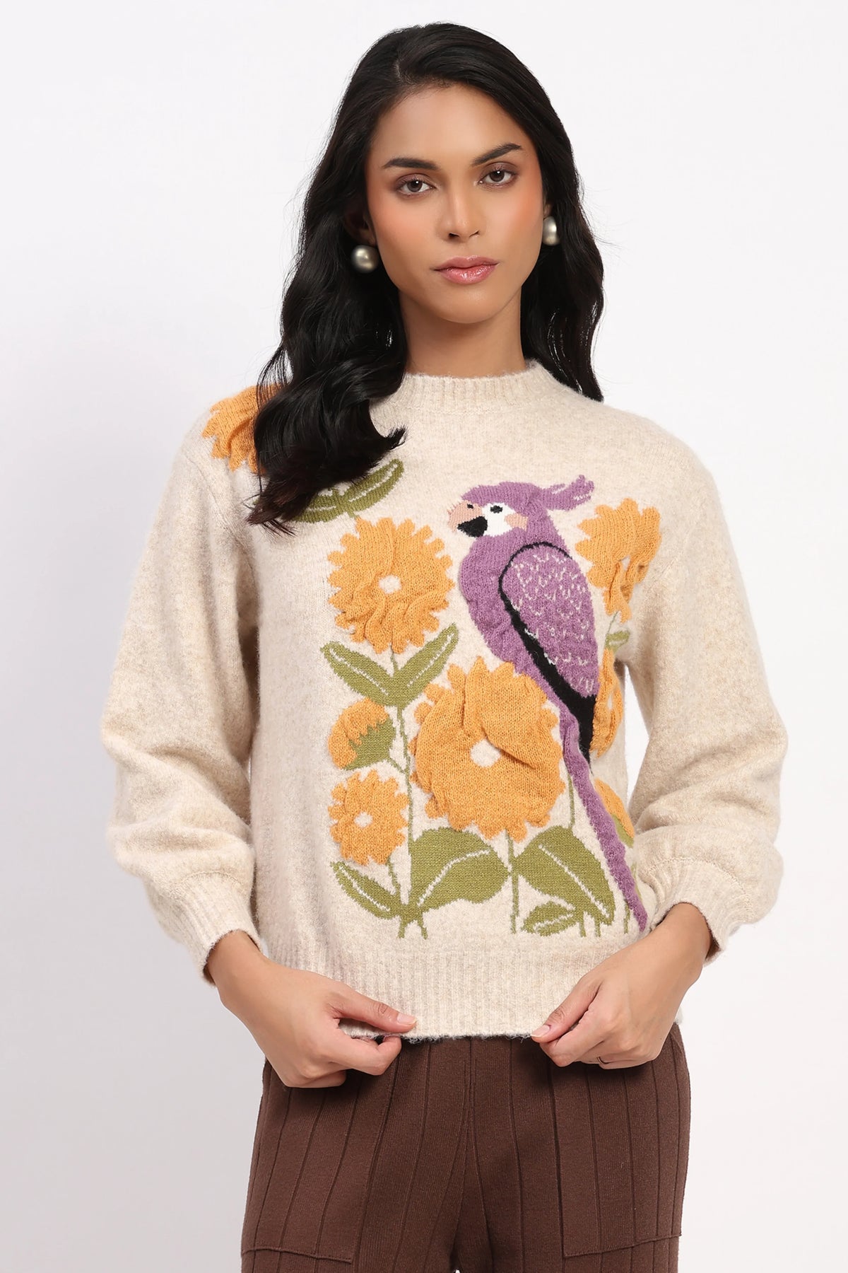 Beige 3D Parrot Floral Pullover-Global Republic