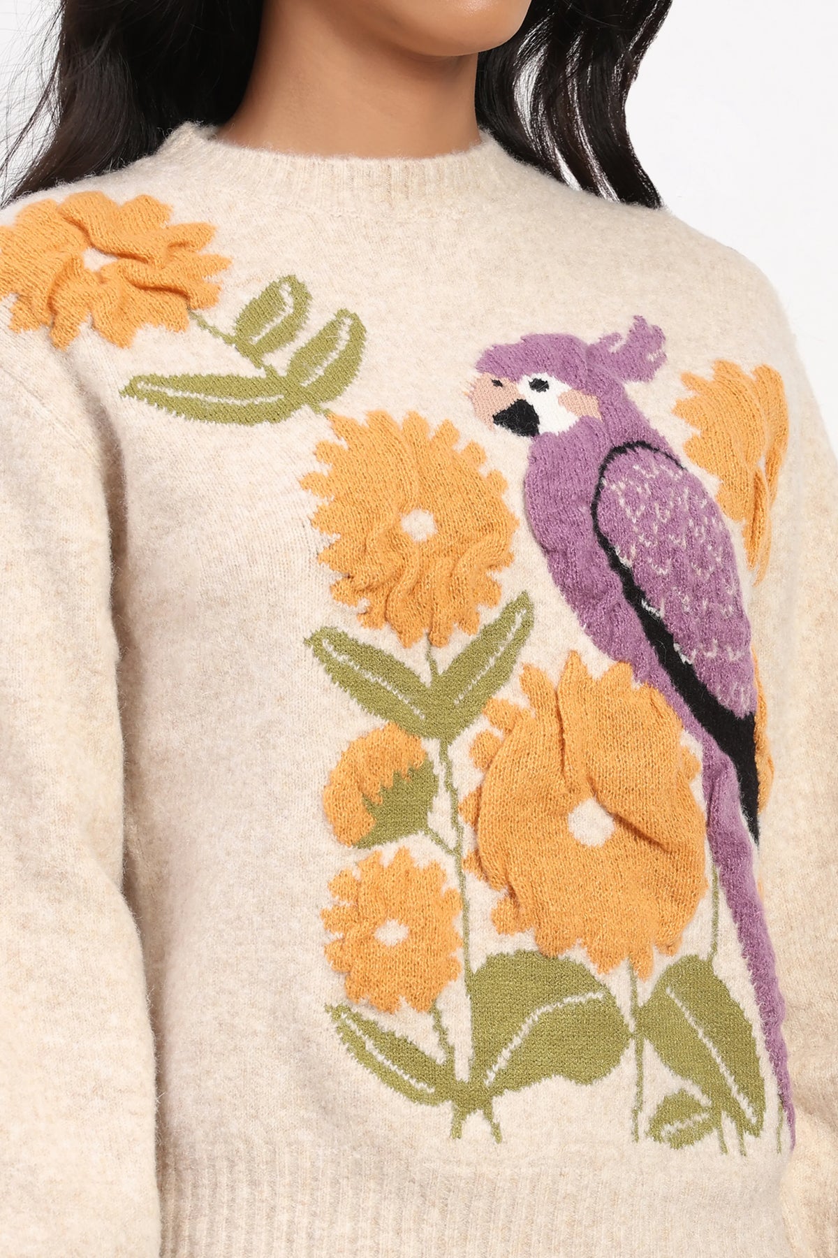 Beige 3D Parrot Floral Pullover-Global Republic