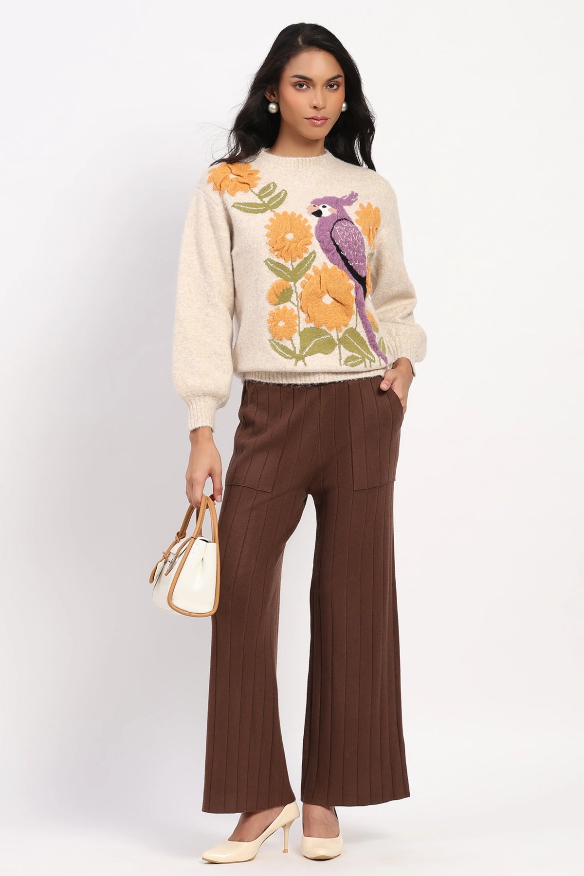 Beige 3D Parrot Floral Pullover-Global Republic