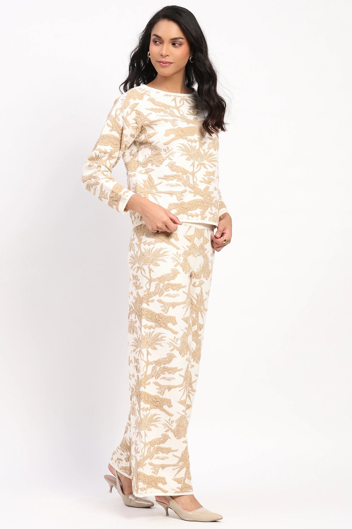 Beige Abstract Winter Co-ord Set-Global Republic