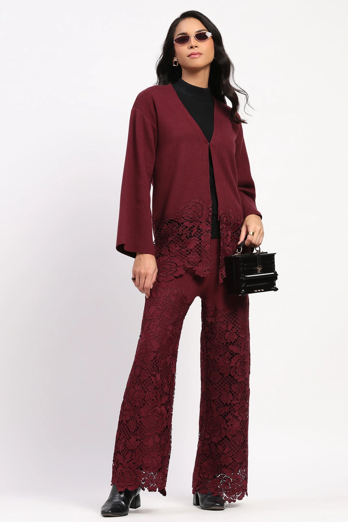 Maroon Viscose Blend Winter Co-ord Set-Global Republic