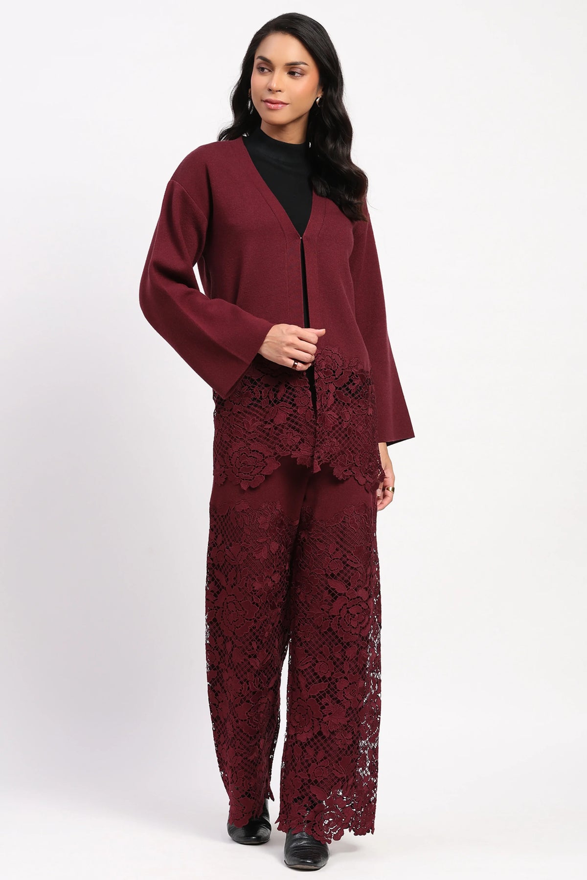 Maroon Viscose Blend Winter Co-ord Set-Global Republic