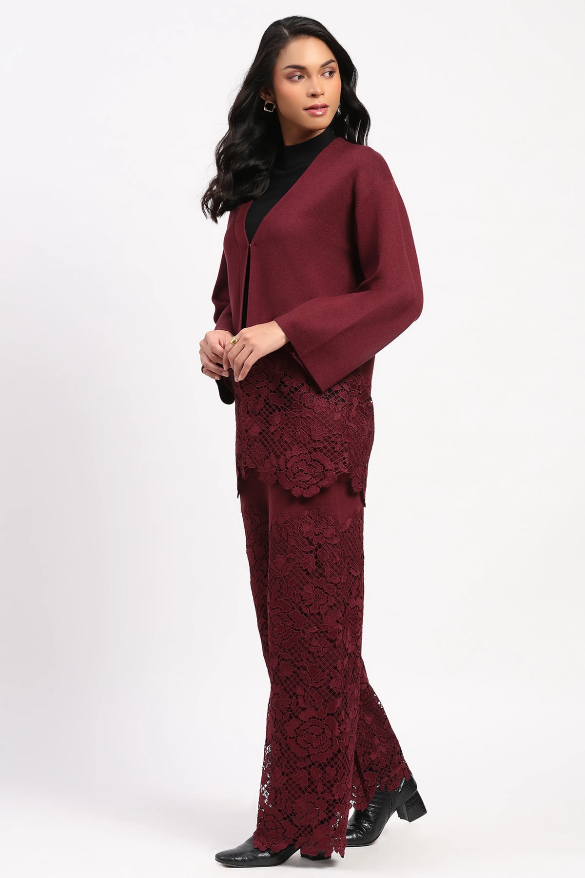 Maroon Viscose Blend Winter Co-ord Set-Global Republic