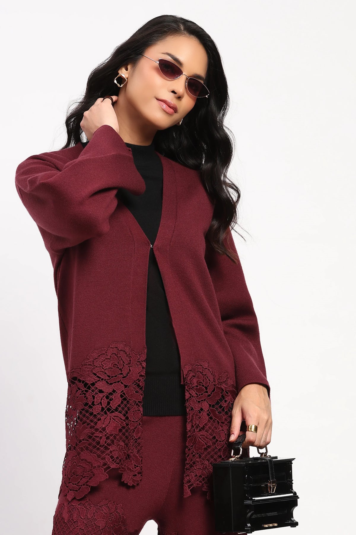 Maroon Viscose Blend Winter Co-ord Set-Global Republic