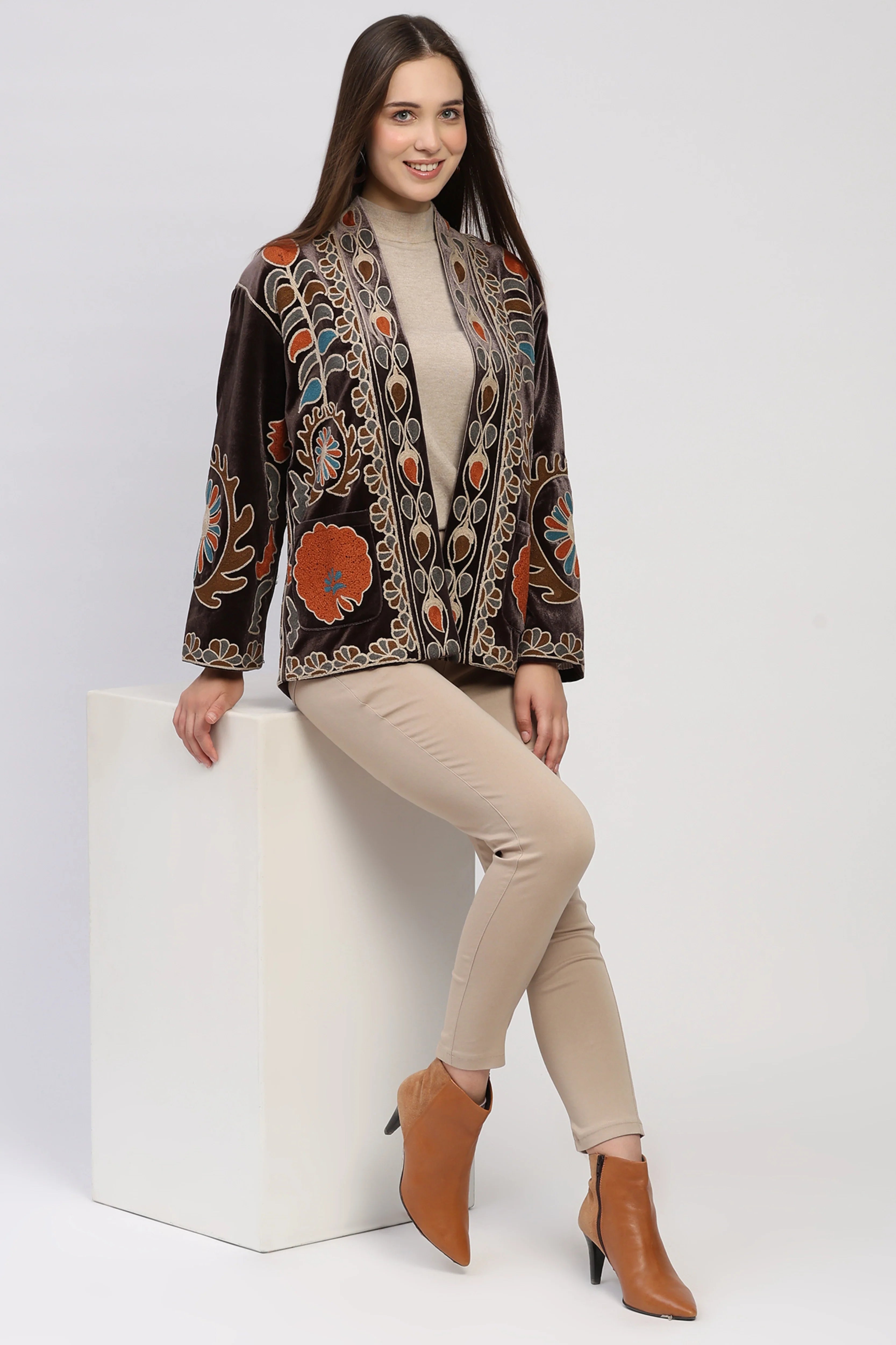 Brown Embroidered Winter Jacket