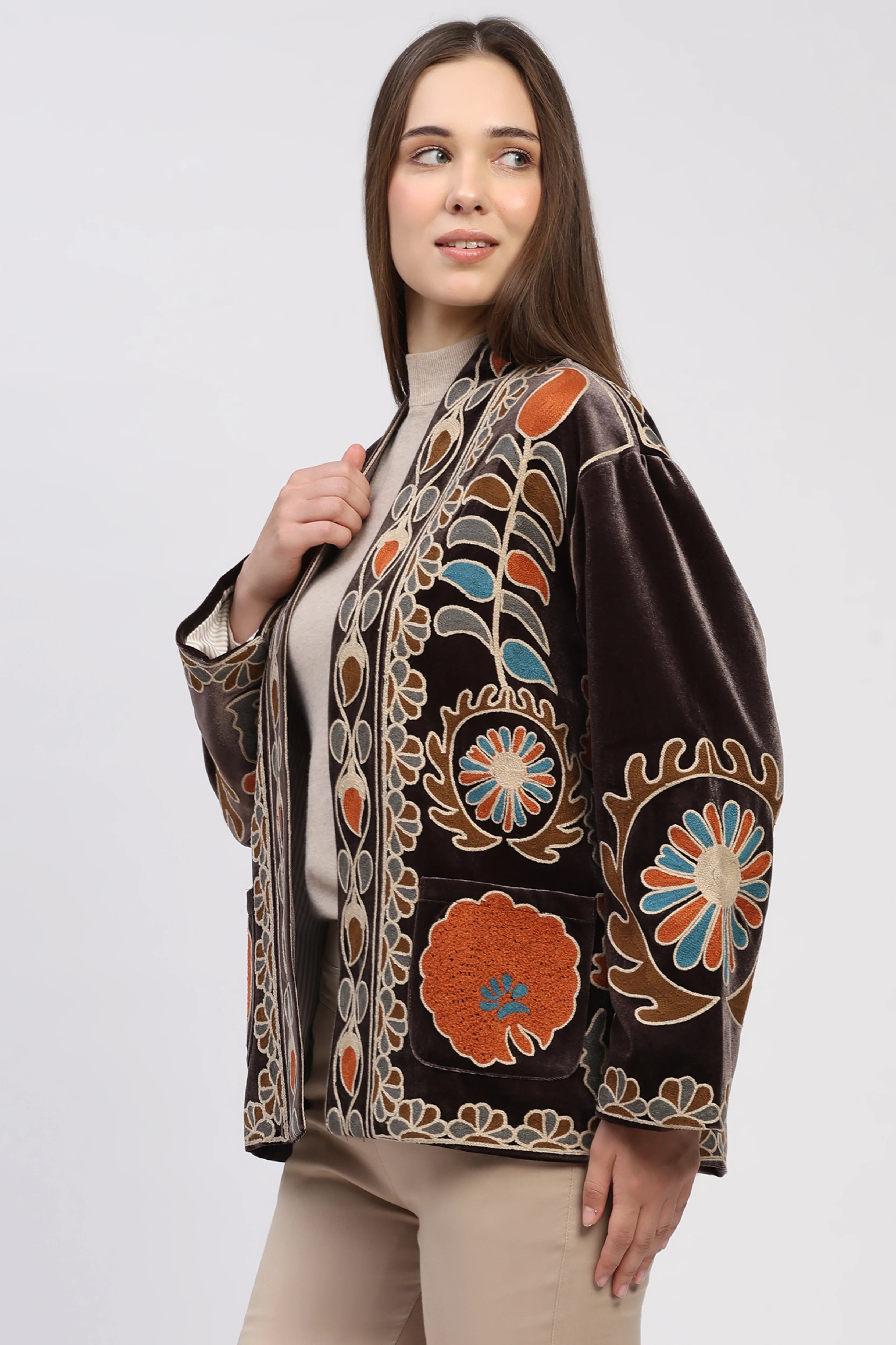 Brown Embroidered Winter Jacket