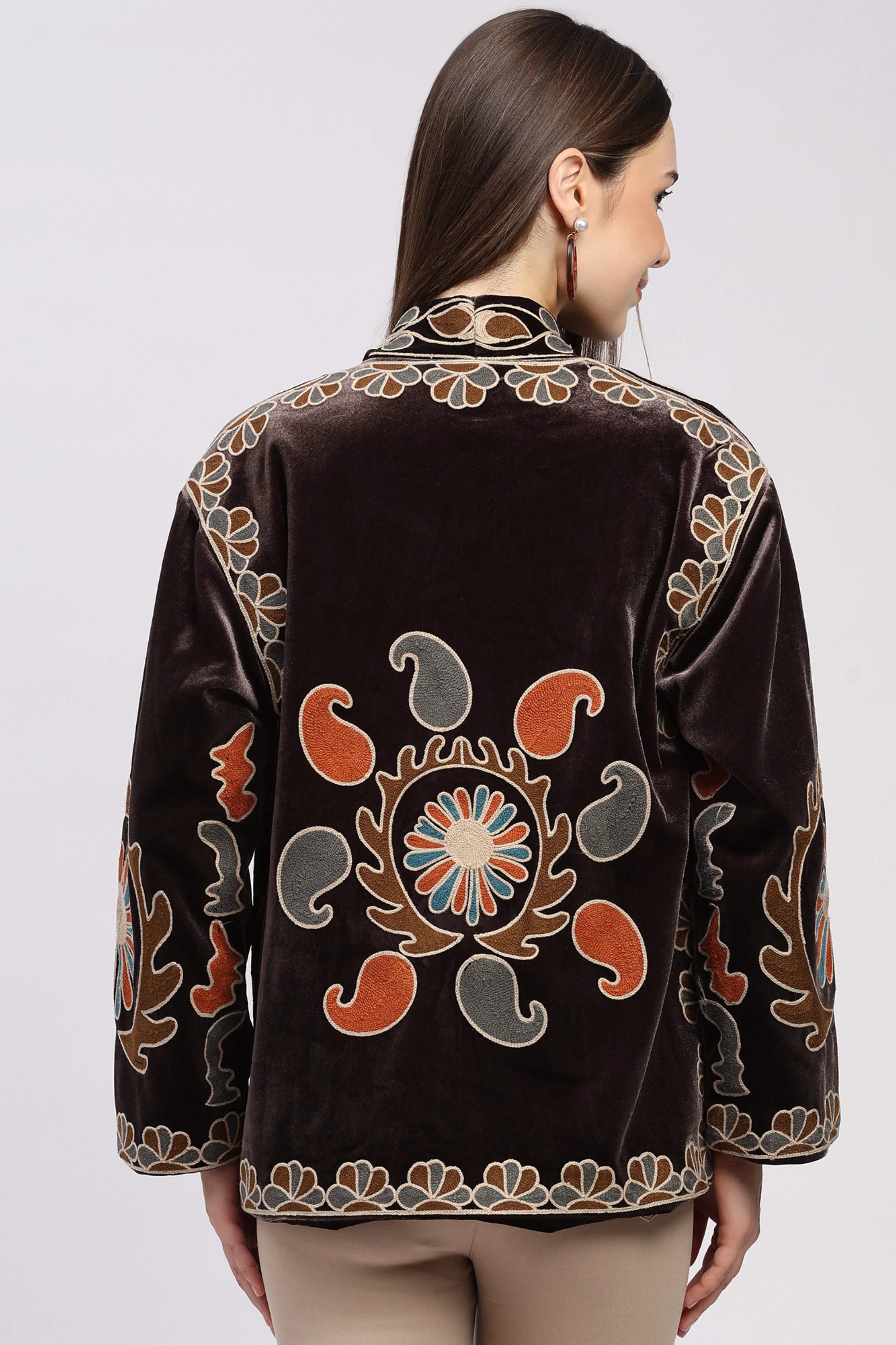 Brown Embroidered Winter Jacket